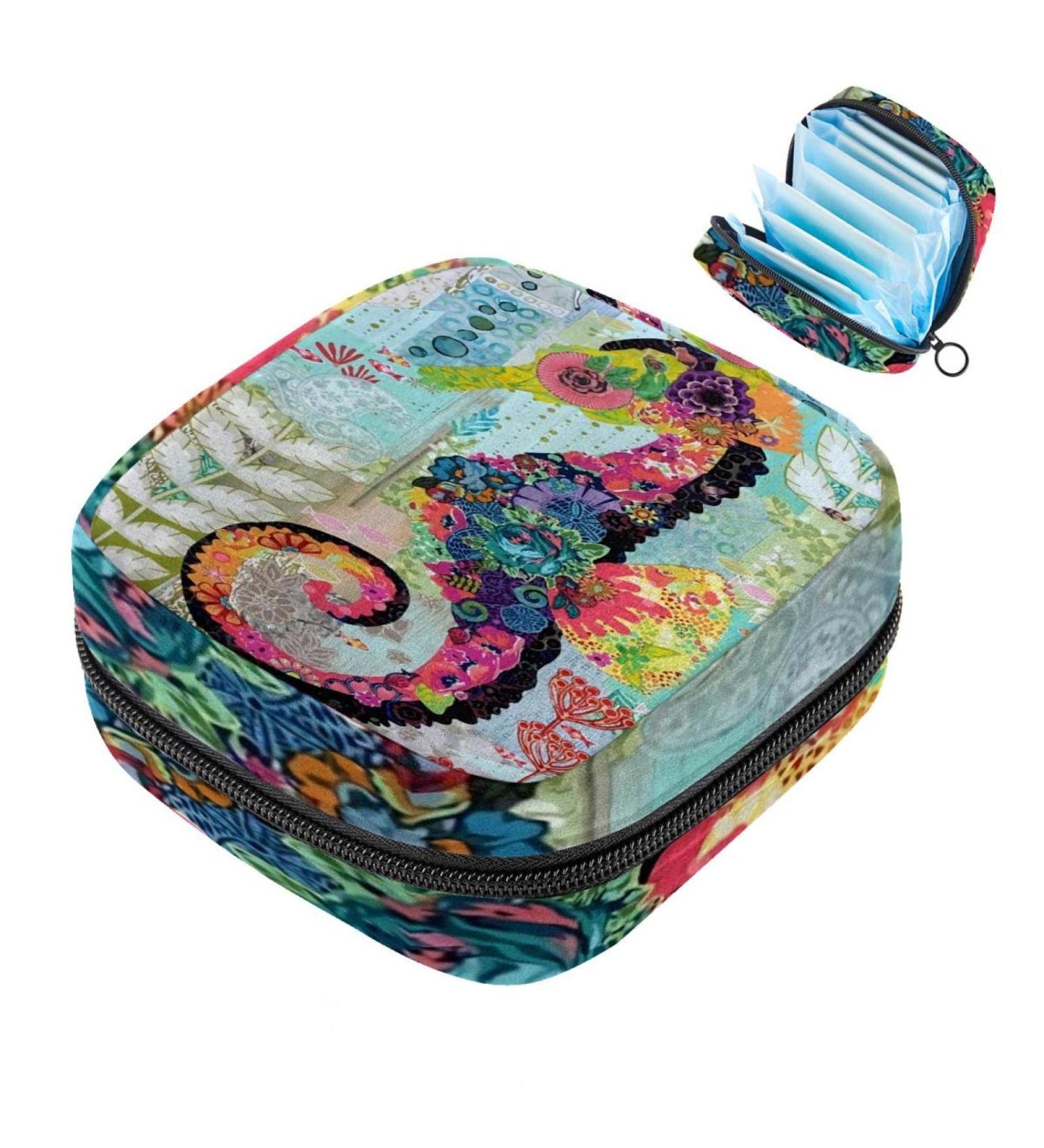 Stylish Menstruation Pad & Tampon Bag with Zipper | Floral Seahorse Design for Women & Girls - Buy Online on GoSupps.com