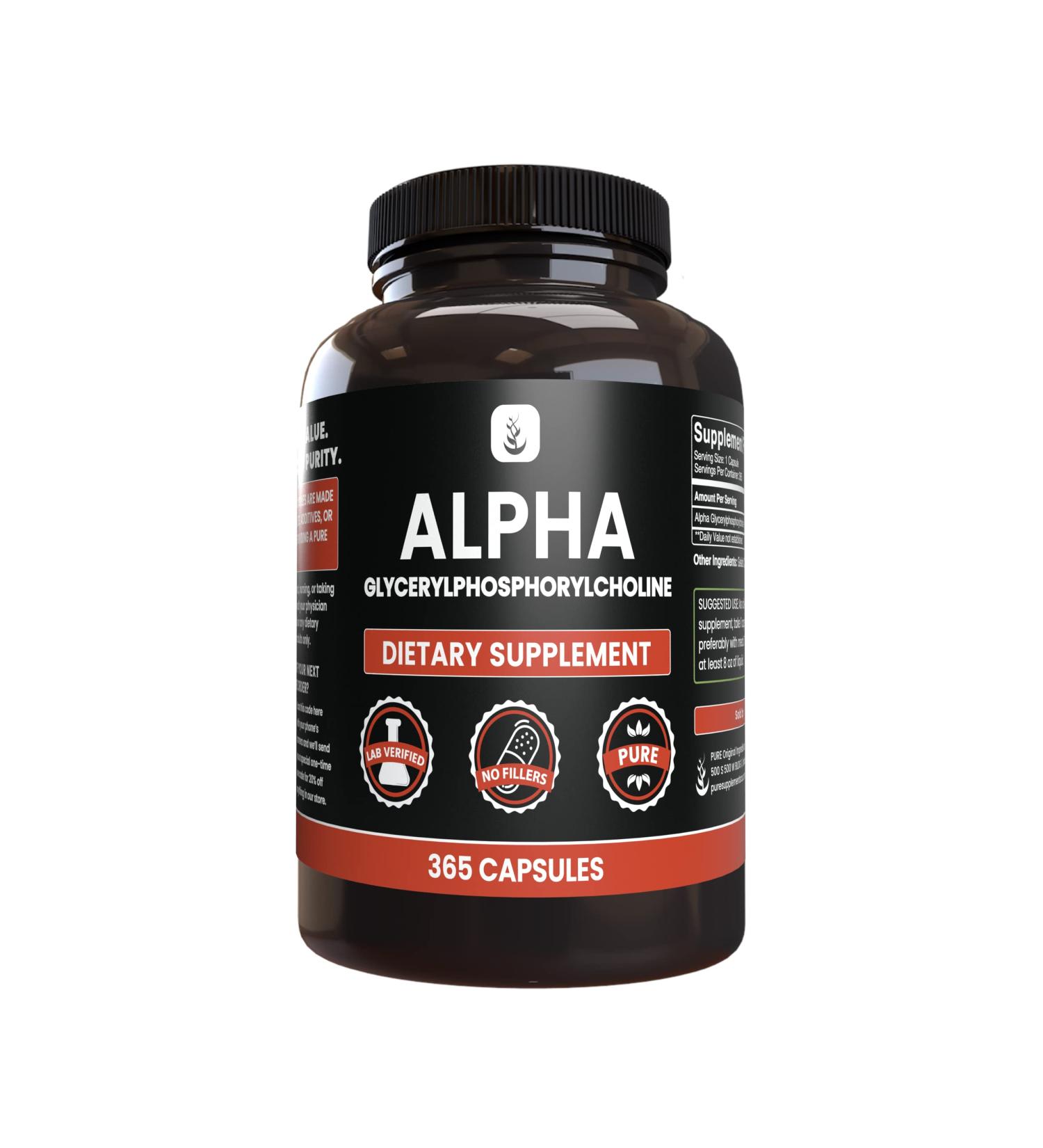 Alpha GPC 365 Capsules - Pure Original Ingredients, Lab Verified, No Fillers - 365 Servings - Buy Online on GoSupps.com
