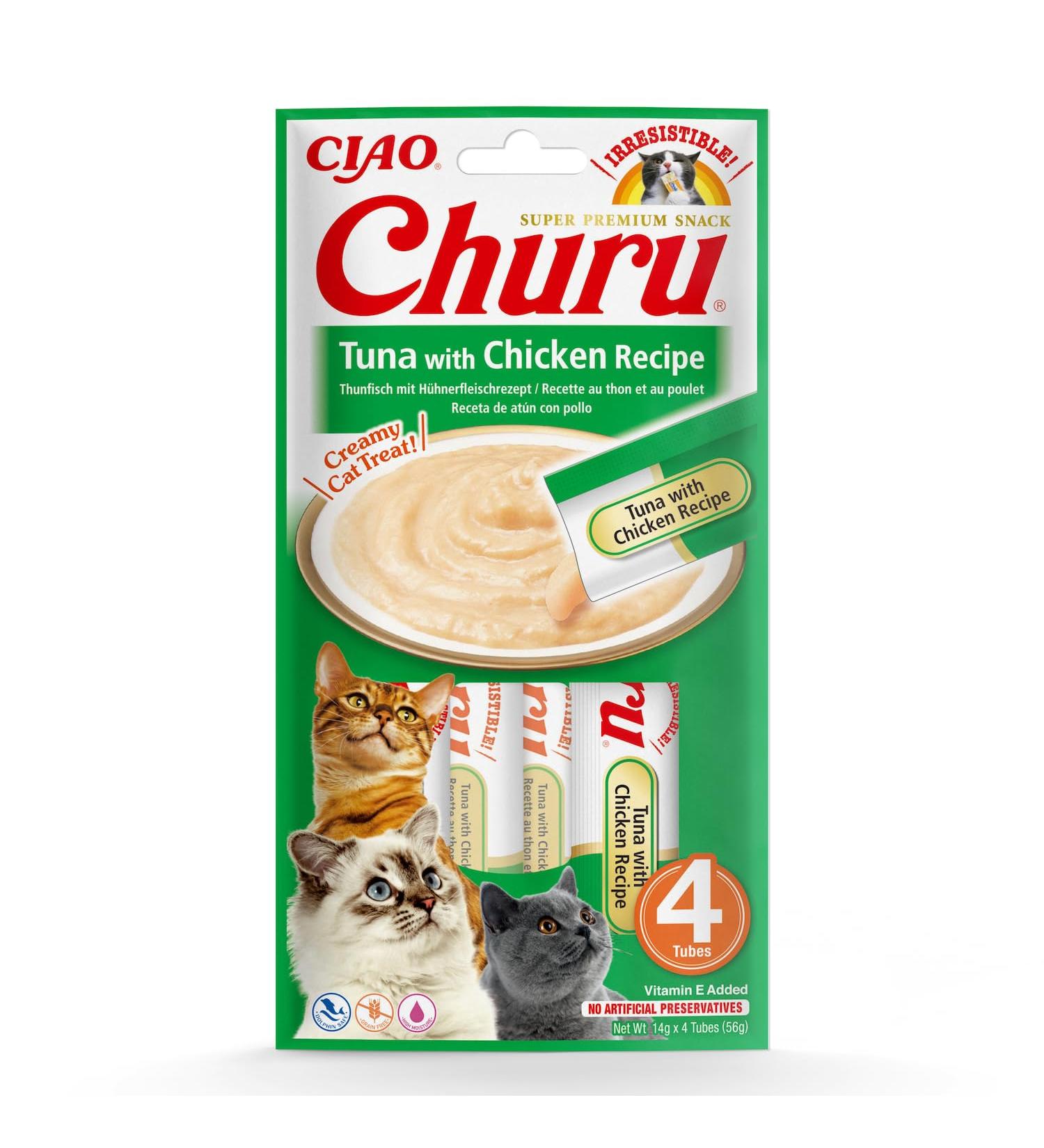 Inaba Churu Puree Cat Treats - Tuna & Chicken Handheld Licking Snacks 4x14g Pack - Delicious Cat Food for Picky Eaters - Buy Online on GoSupps.com