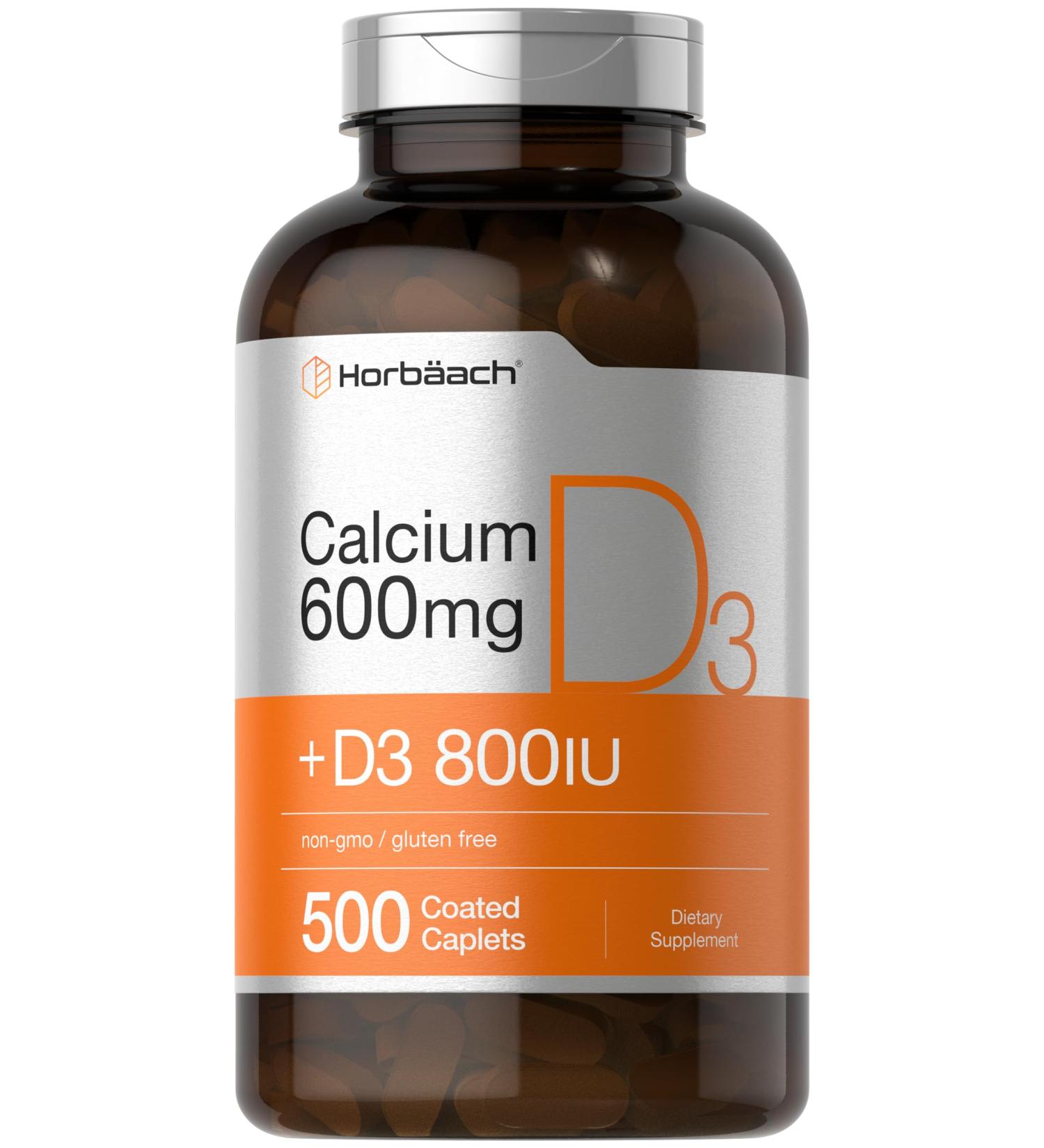 Horbaach Calcium Supplement for Women and Men | 600 mg | 500 Coated Caplets | with Vitamin D3 | Non-GMO & Gluten Free - Buy Online on GoSupps.com