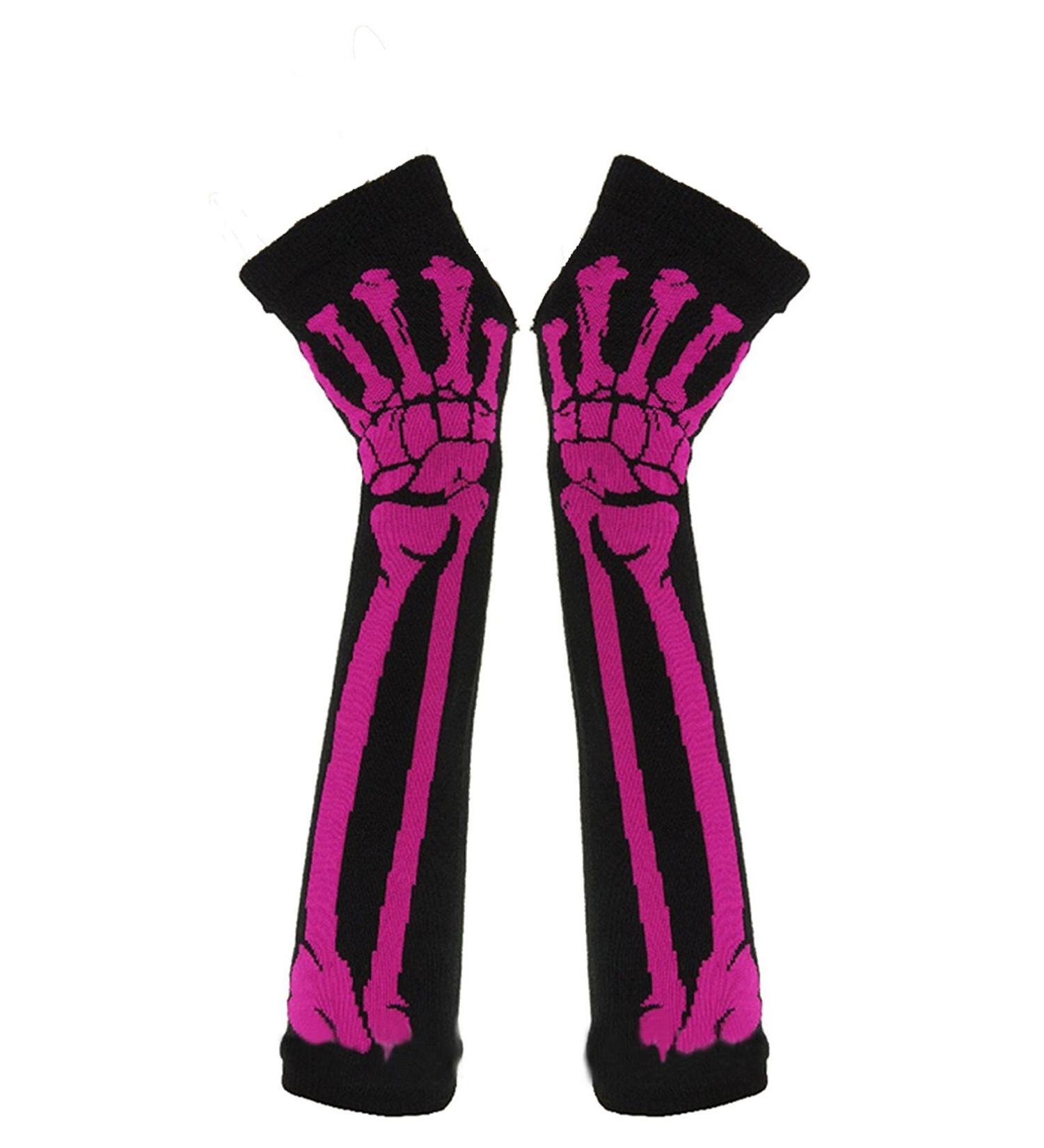 Butterme What Fashion Women Winter Warm Knitted Skeleton Bone Long Fingerless Gloves (Red)