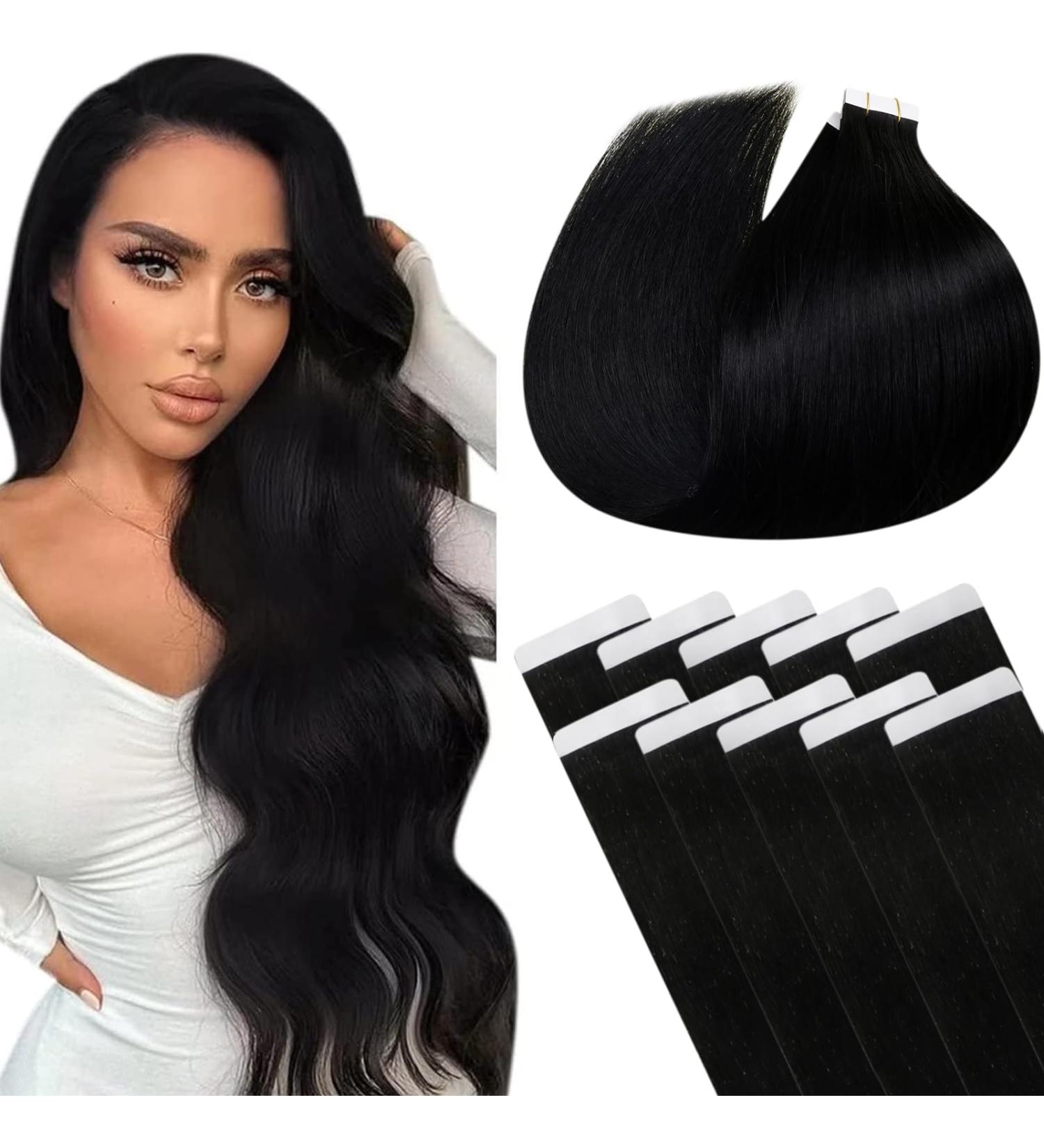 LAAVOO Remy Tape In Extensions - 50cm Seamless Real Hair | Black 10PCs 25g | Premium Quality Hair Wefts - Buy Online on GoSupps.com