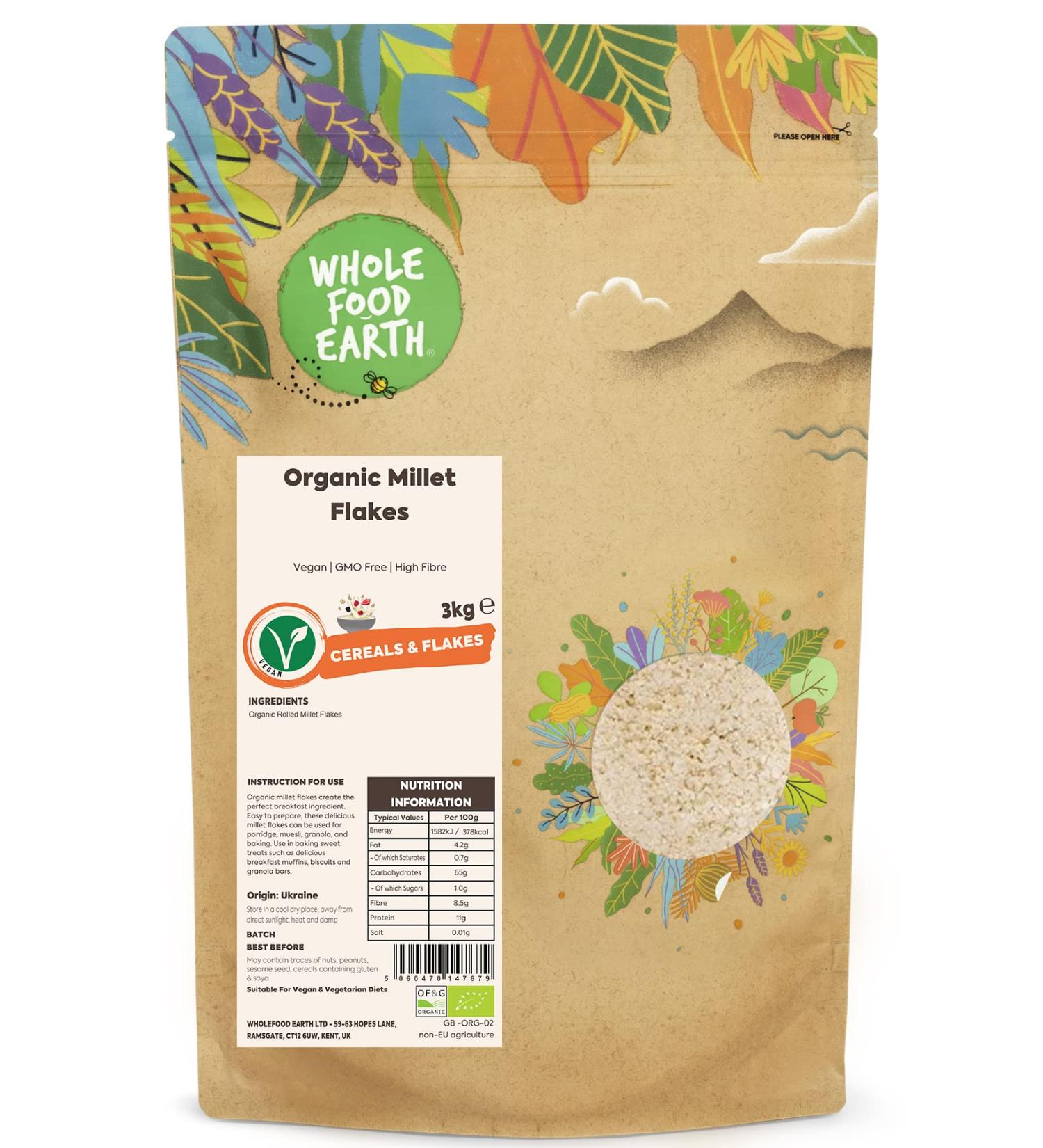 Organic Millet Flakes 3 kg | Vegan | GMO Free | High Fibre | Certified Organic - Wholefood Earth - Buy Online on GoSupps.com