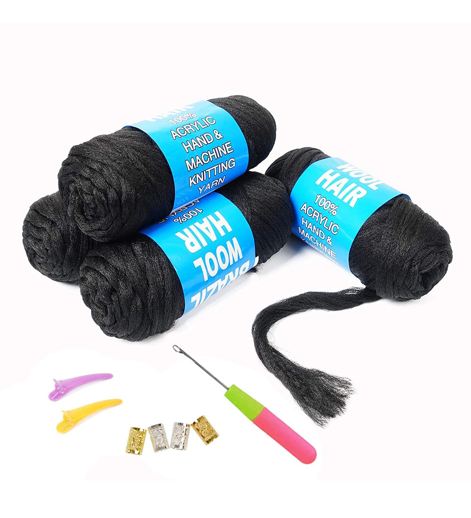 100% Brazilian Wool Hair Acrylic Yarn for African Braids/Senegalese Twist/Faux Locs/Wraps - Natural Black (4pcs) with Crochet Hook - Buy Online on GoSupps.com