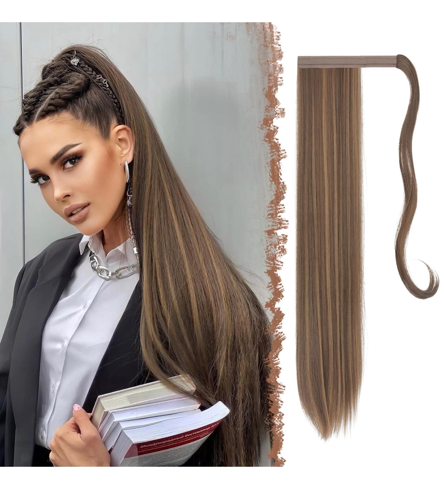Shop Fine Long Smooth Ponytail Hair Extension - Golden Brown Mixed Blonde 70 cm | Synthetic Braid for Women & Girls - Buy Online on GoSupps.com
