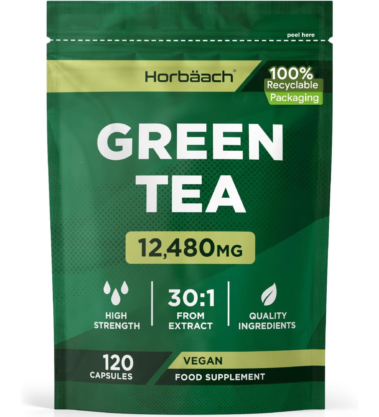 Green Tea Capsules 12480mg - High Strength Extract - 120 Powder Capsules - Vegan & Vegetarian by Horbaach - Buy Online on GoSupps.com