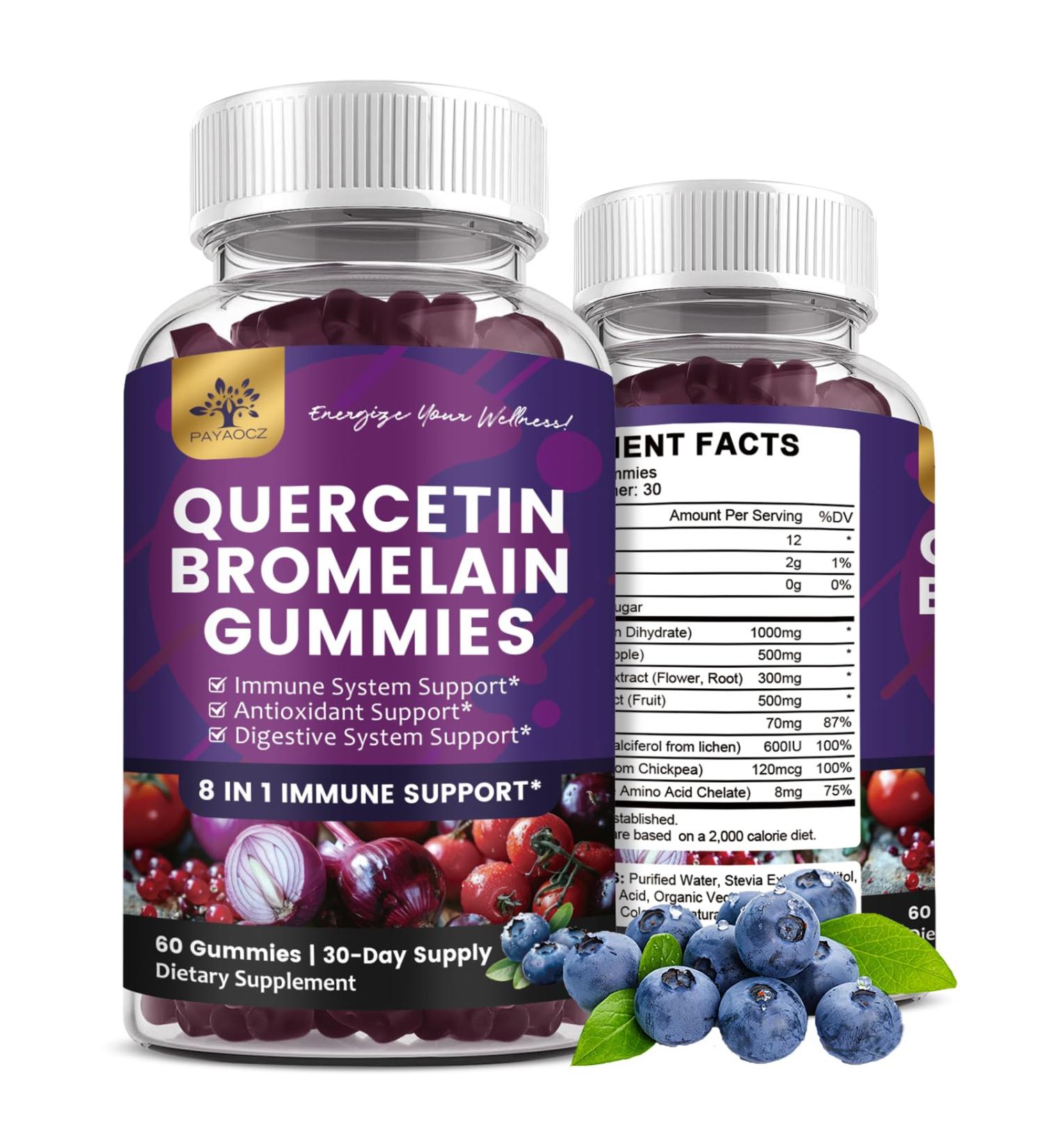 (2 Pack) Quercetin Gummies with Bromelain Zinc Elderberry Vitamin C D3 K2 Quercetin 1000mg Supplement with Bromelain 500mg for Cardiovascular Immune System & Allergy Vegan Gummy for Adult & Kid 60 Count (Pack of 2) - Buy Online on GoSupps.com