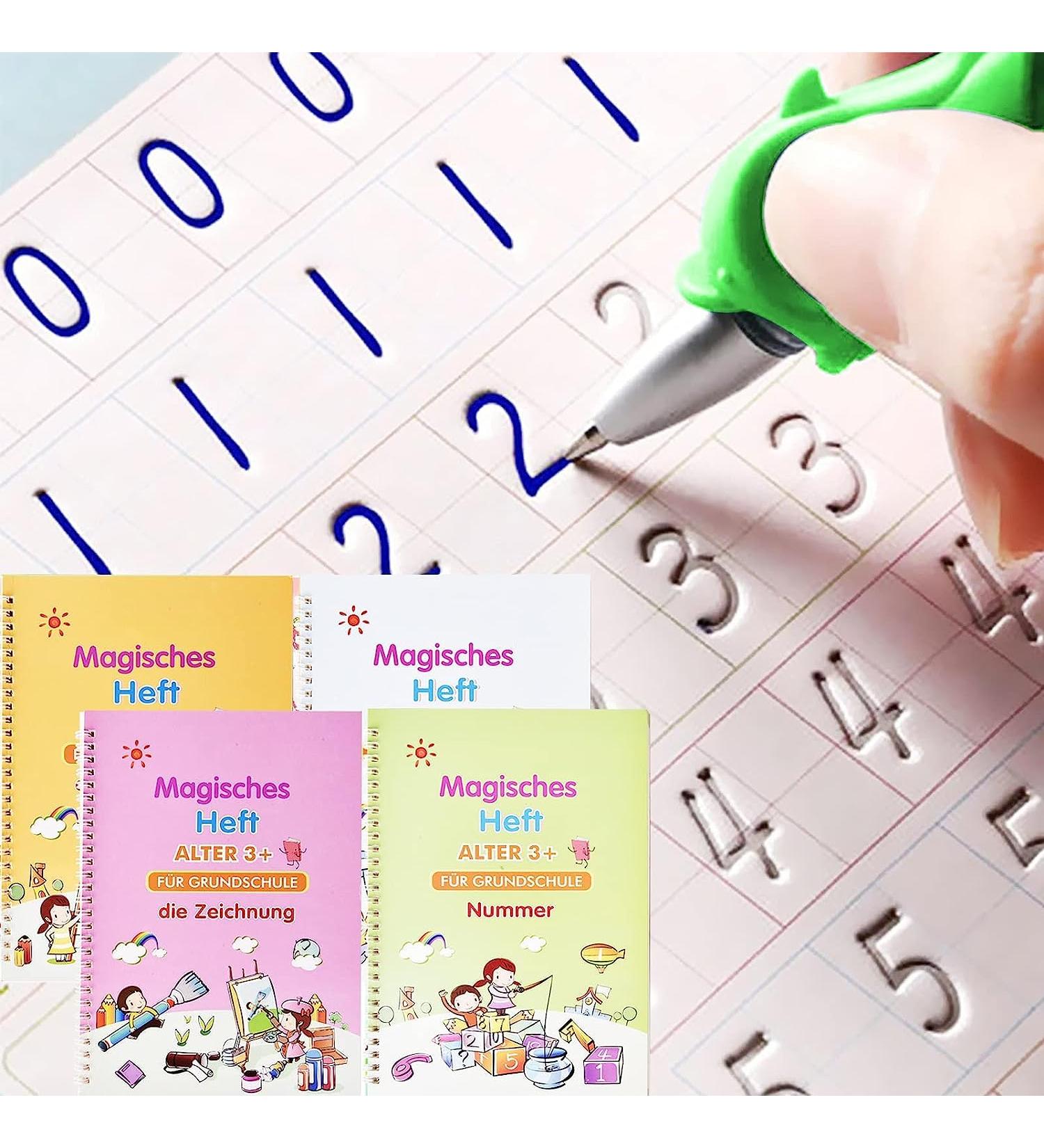 Qianshouyan 4-Piece German Magical Booklet Set | Reusable Handwriting Exercise Book with Pen for Kids | 26x18cm Calligraphy Numbers Drawing & Letters Learning - Buy Online on GoSupps.com
