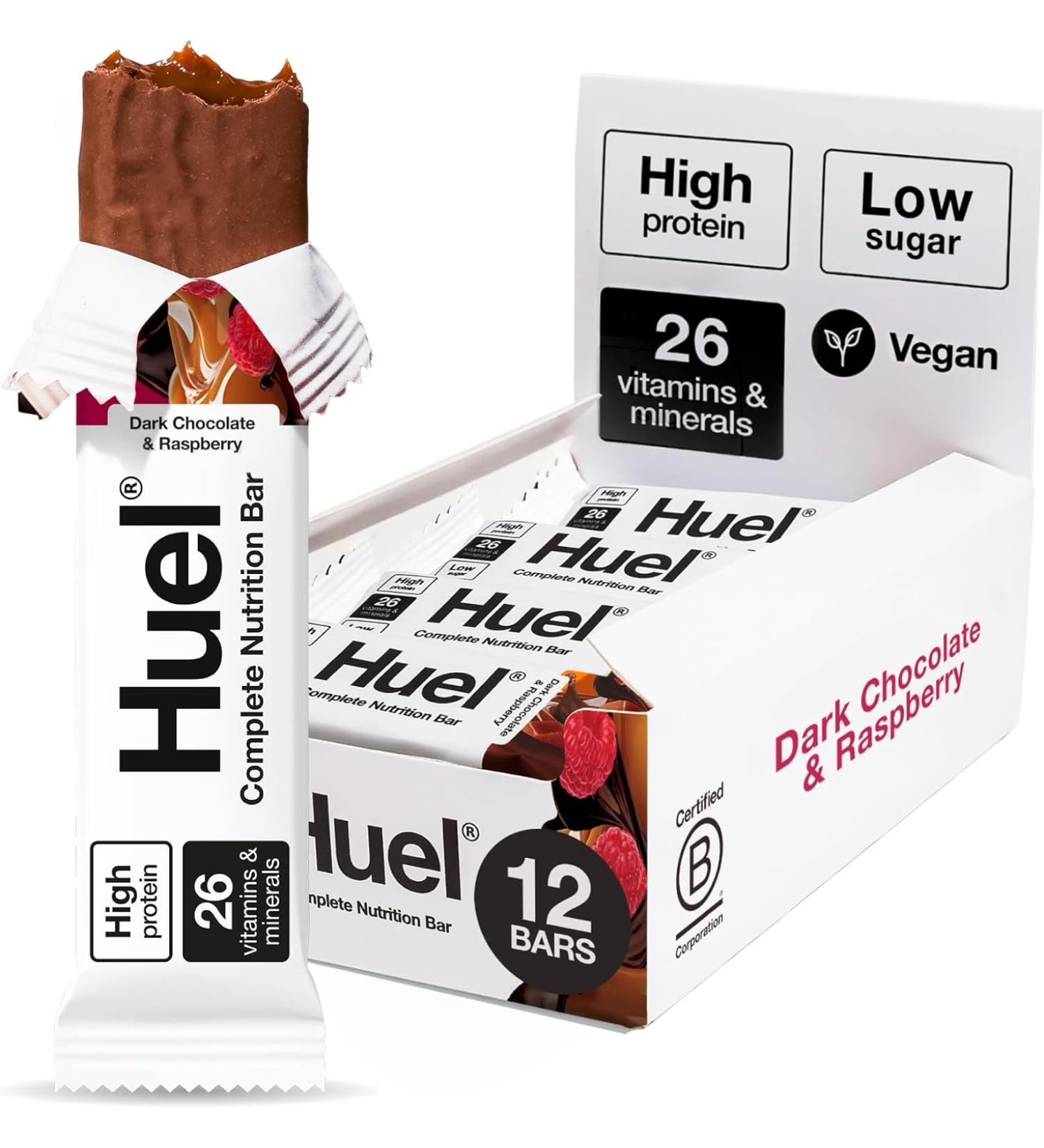 Huel Complete Nutrition Bar 51g High Protein Bar Snack with Vegan Chocolate Under 200 Calories - Dark Chocolate Raspberry - Pack Of 12 - Buy Online on GoSupps.com