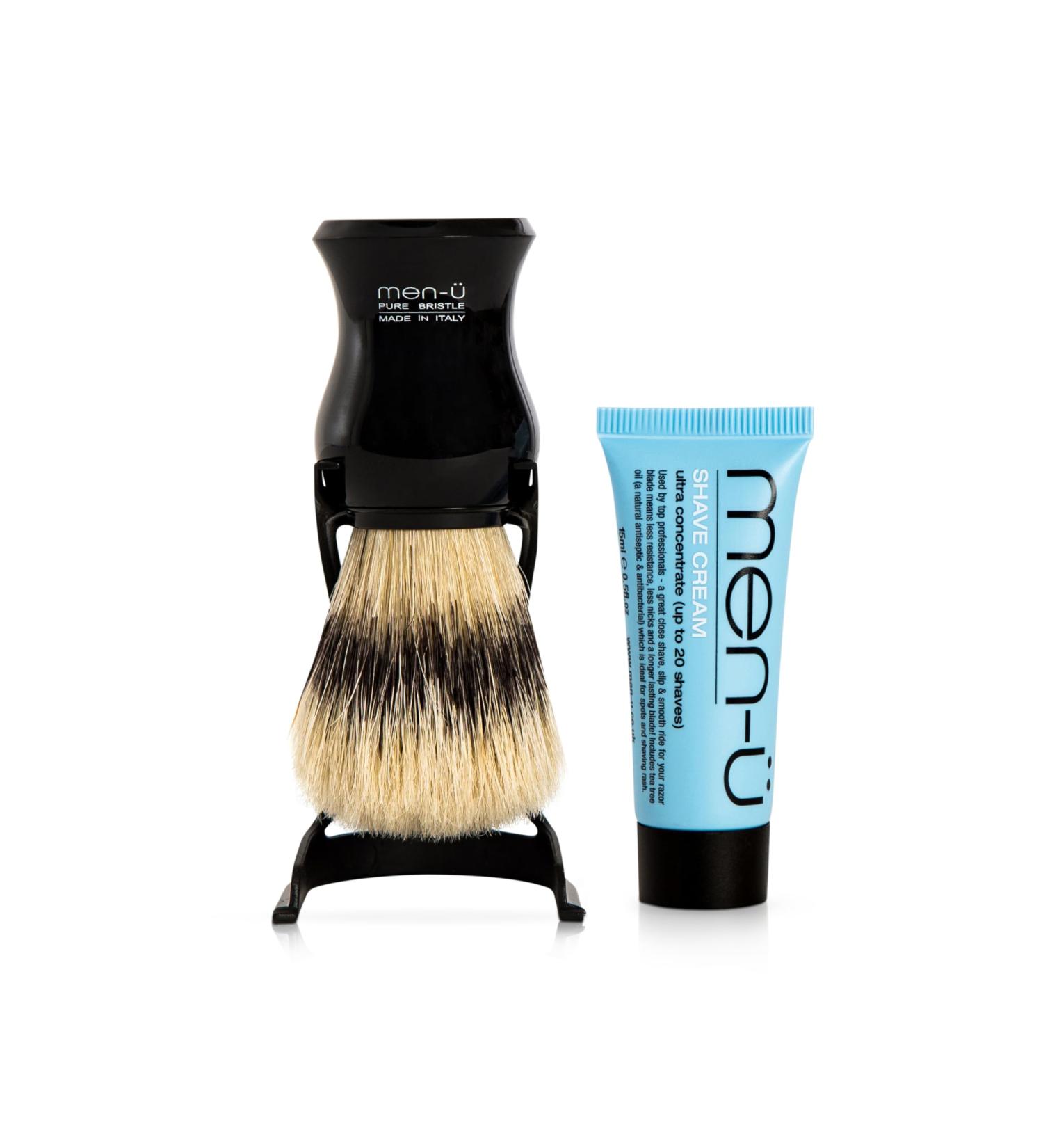 men-u BARBIERE Black Pure Bristle Shaving Brush Set with Italian Design - Includes 15ml Shave Cream Tube - Buy Online on GoSupps.com