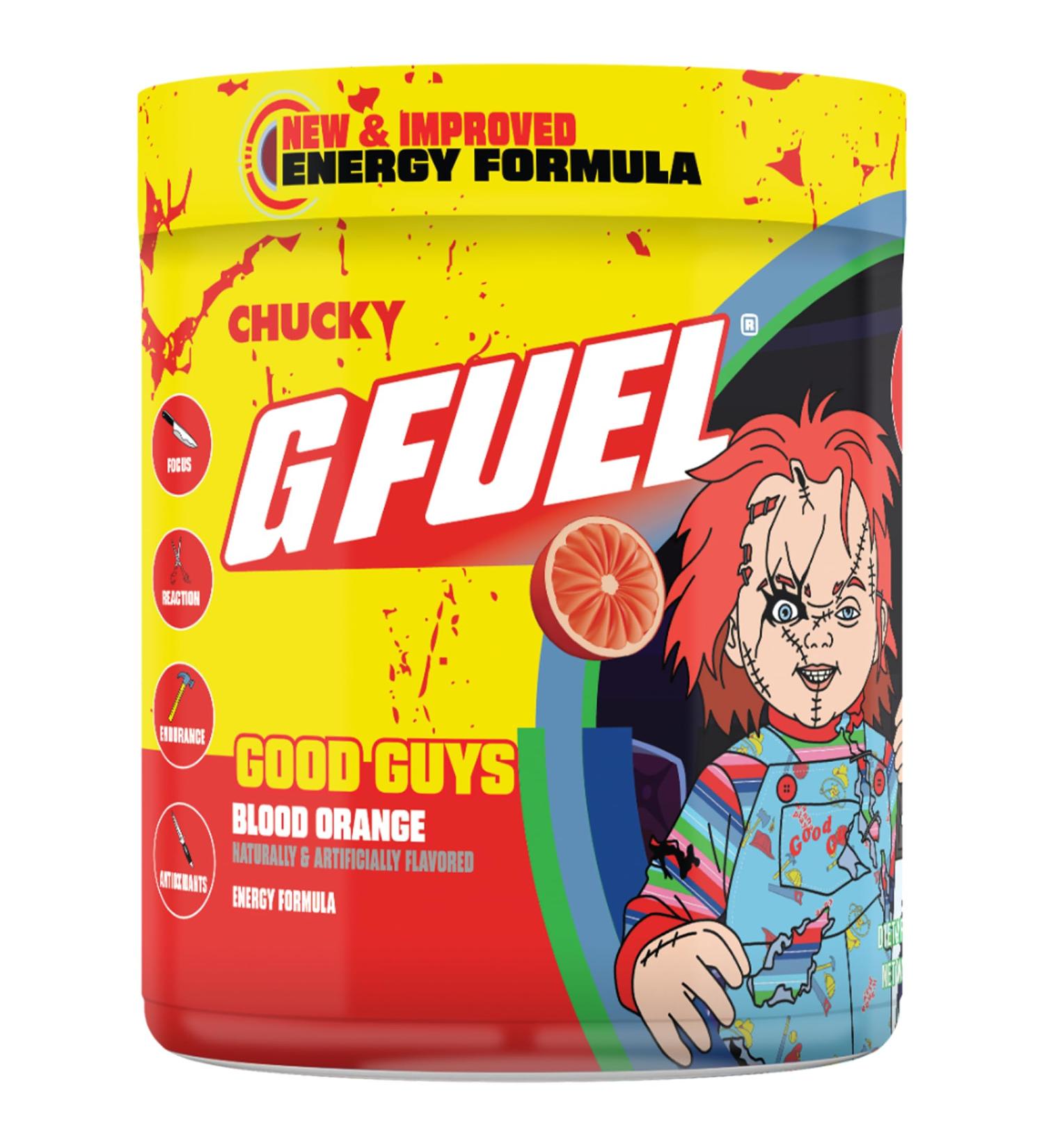G Fuel Chucky Good Guys 2.0 Energy Drink Powder Pre Workout Caffeine Mix for Gaming Sugar Free Focus Amino Vitamin + Antioxidants 9.9oz (Tropical Blood Orange 40 Servings) - Buy Online on GoSupps.com