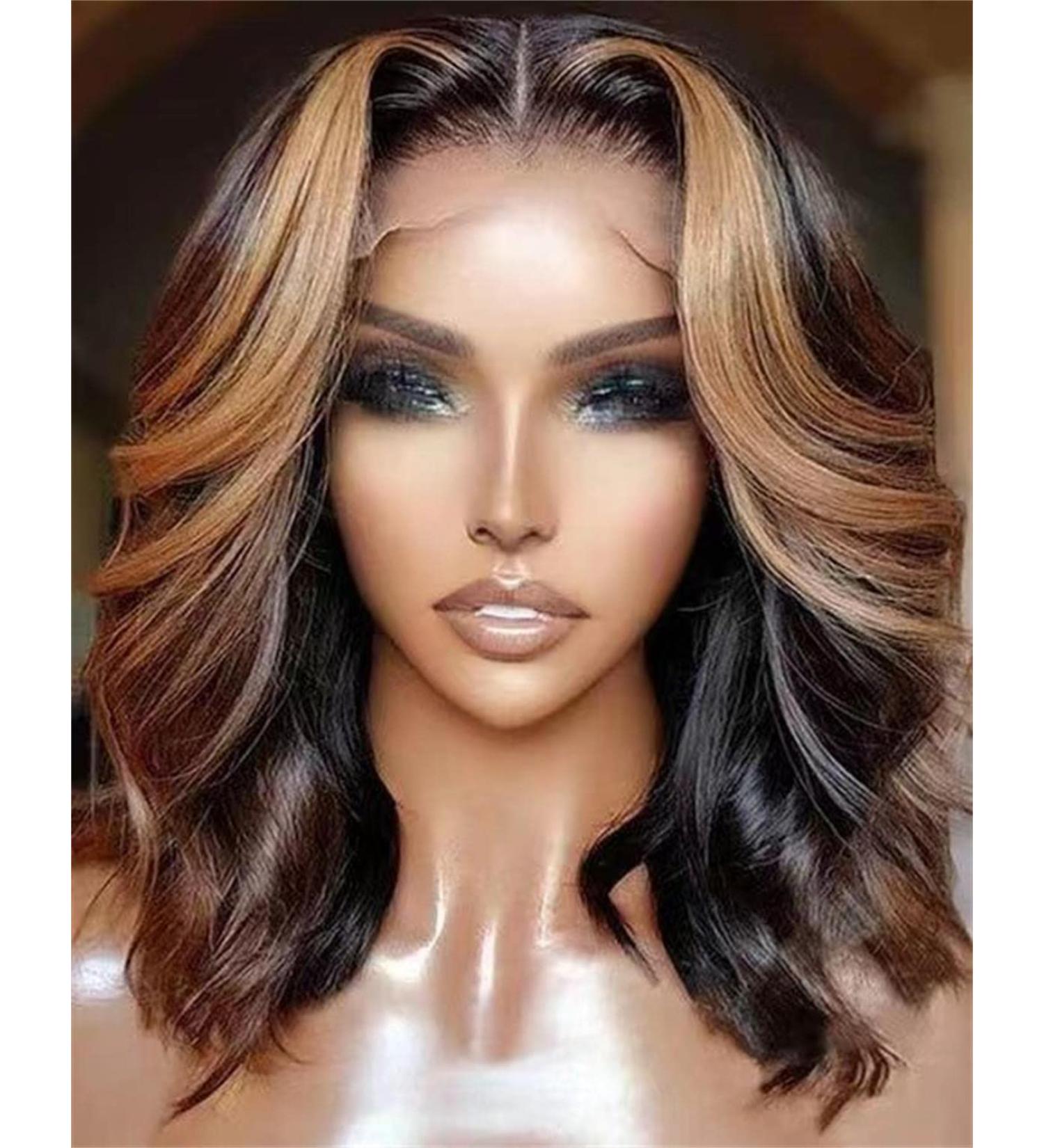 Short Ombre Wigs for Women - 16 Synthetic Lace Front with BrownBlonde Highlights | 180% Density Balayage Hair - Buy Online on GoSupps.com