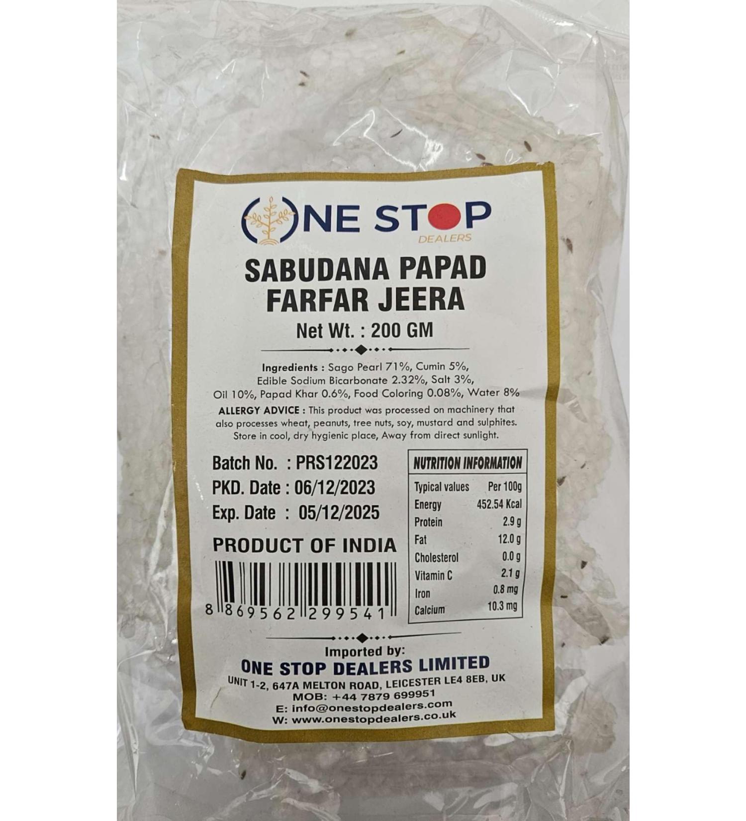 One Stop Dealer Sabudana Papad (200 Gram) - Crispy and Delicious Accompaniment to Any Meal Good for Fasting Or Upwaas (Pack of 1 Sabudana Papad Farfar Jeera)