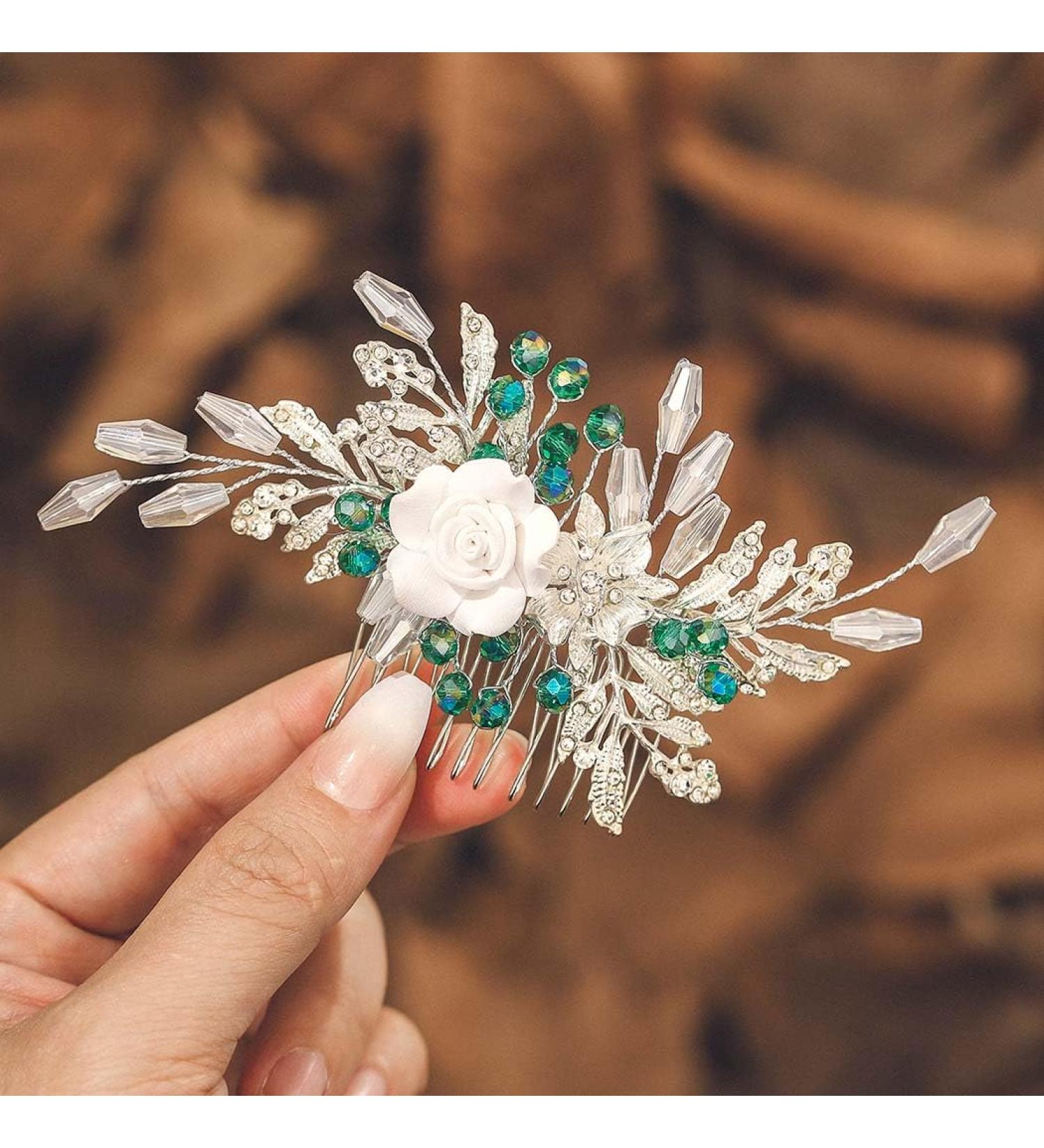 IYOU Women Wedding Hair Comb Silver Flower Headpiece Leaf Beads Hair Piece Guest Prom Hair Accessories for Bride and Bridesmaid - Buy Online on GoSupps.com