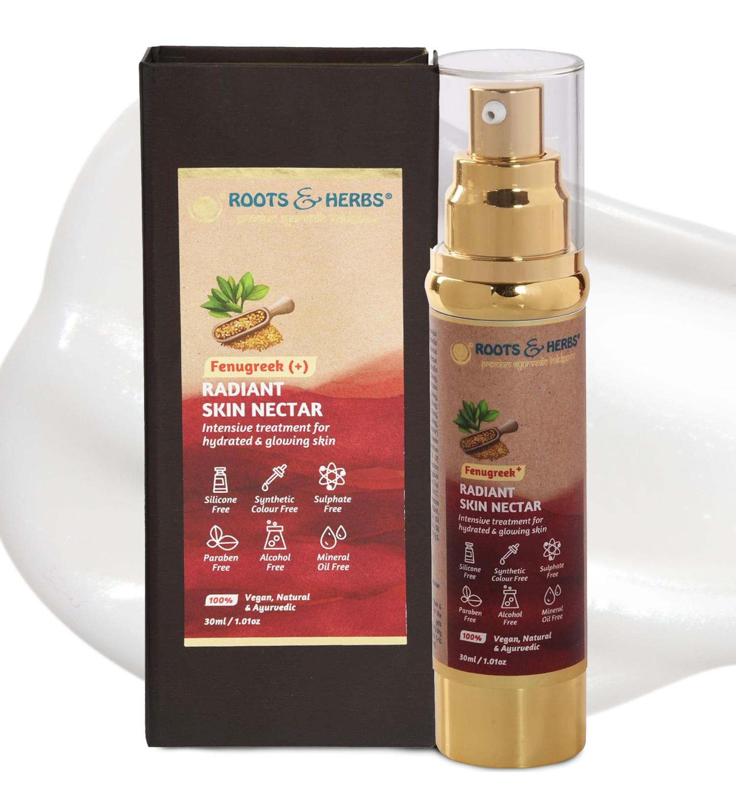 Ayurvedic Skin Nectar - Vegan Fenugreek Serum & Moisturiser for Hydrated Glowing Skin | ROOTS AND HERBS 1.01oz - Buy Online on GoSupps.com