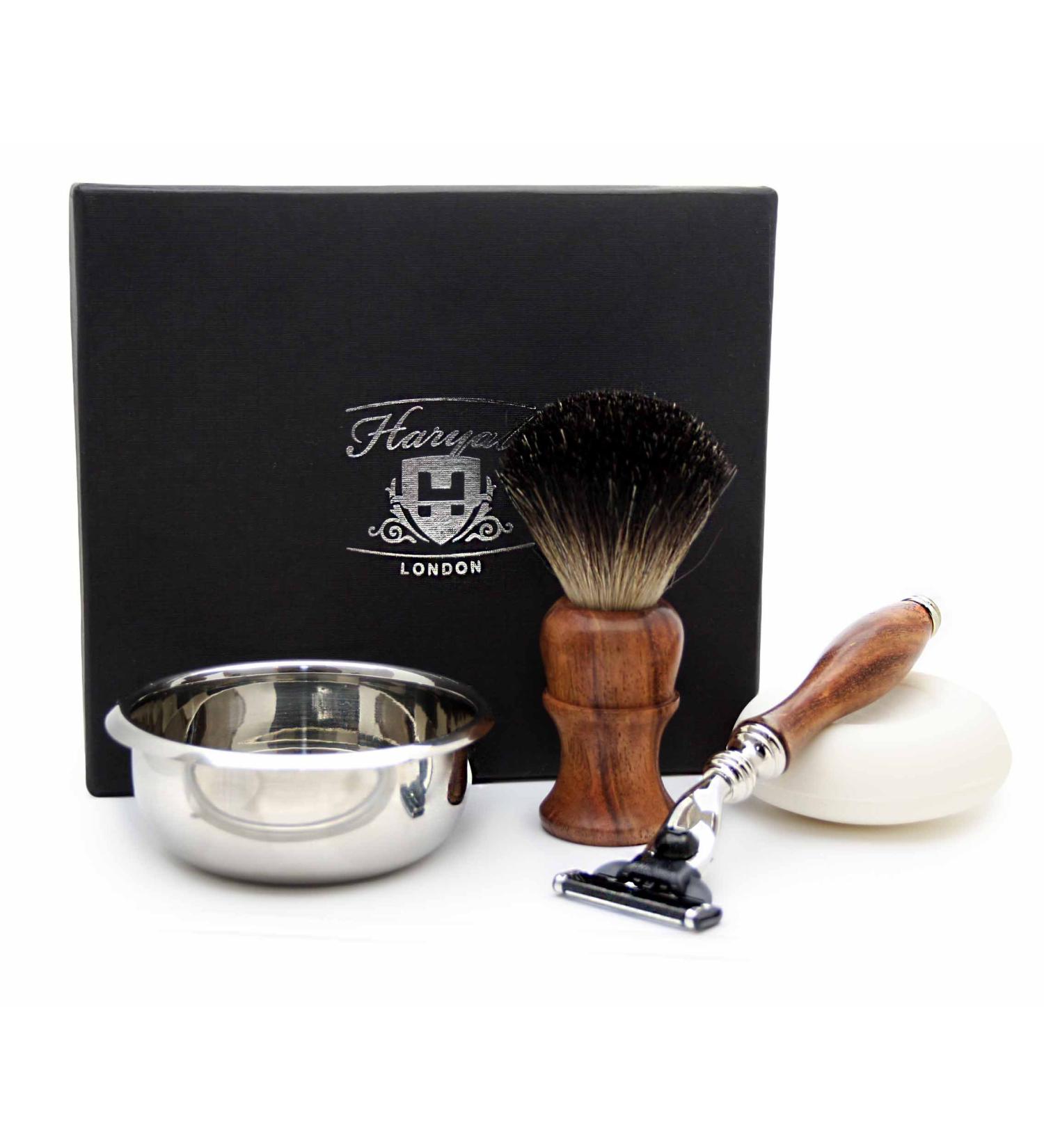Premium Haryali London Wooden Razor Set - 3 Blades Black Roof Hair Brush Soap & Bowl - Perfect Gift for Men - Buy Online on GoSupps.com