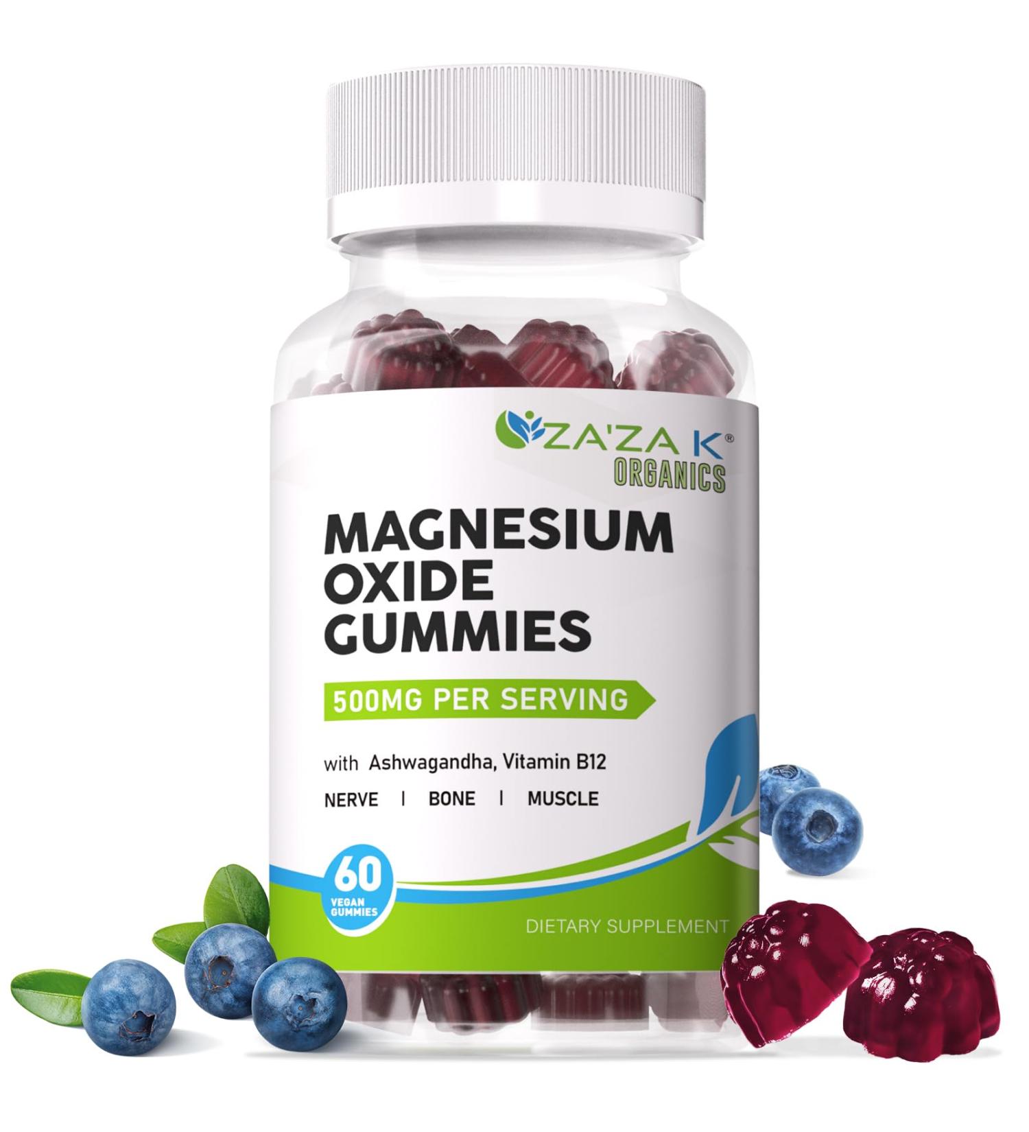 ZA'ZA K ORGANICS Magnesium Oxide Gummies Magnesium Oxide 500mg with Ashwagandha & Vitamin B12 for Sleep Nerve Muscle Bone & Heart Health Magnesium Chewable Supplement for Adults Kids Vegan 60 - Buy Online on GoSupps.com