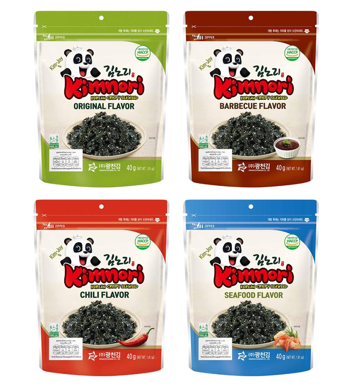 KIMNORI Jaban Korean Crispy Seaweed Flakes 4 Flavor Assortment 40g (1.41 oz.) x 4 Packs - Original, Chili, Seafood, Barbecue | Premium Natural Laver for KETO VEGAN DIET | Halal, Gluten Free, Resealable Pouch - Buy Online on GoSupps.com