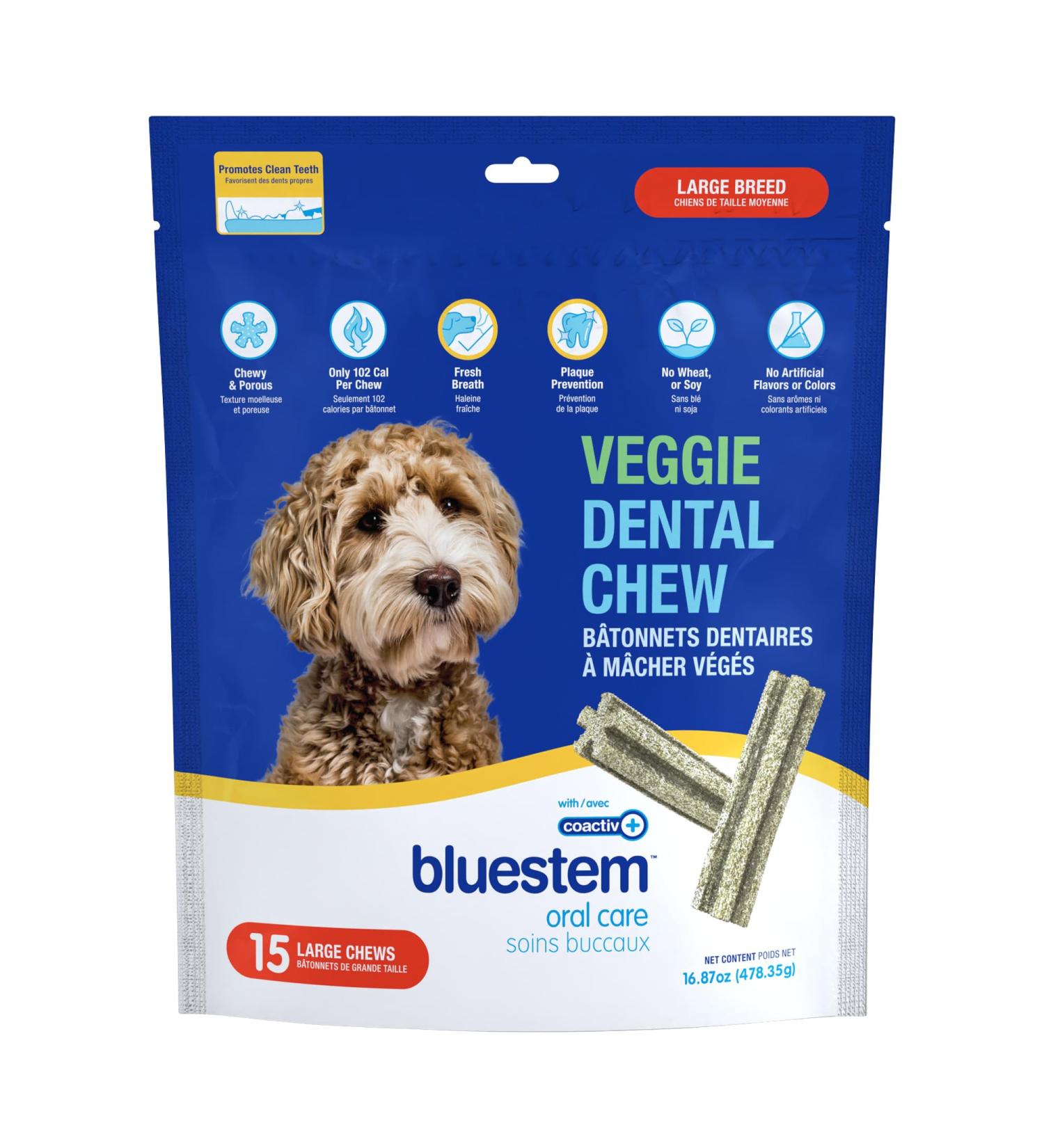 bluestem Veggie Dental Chews for Dogs - Dental Care Dog Treats for Large Breed - Wheat & Soy Free 15 Large Dog Chews - Dog Breath Freshener Treats - Buy Online on GoSupps.com