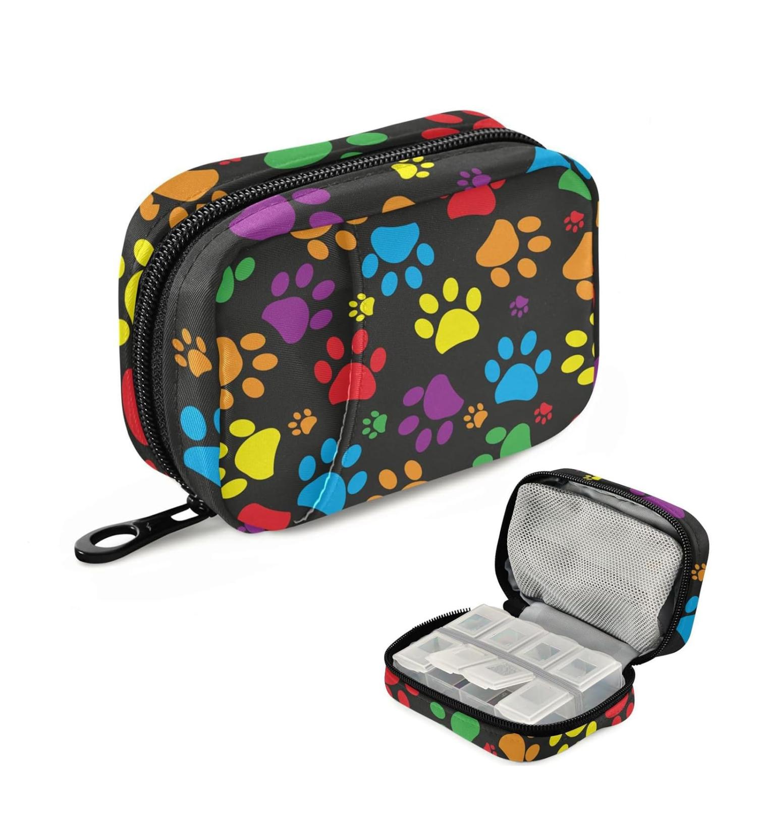 Travel Pill Organizer | Small 7 Day Pill Box | Weekly Vitamin Medicine Holder | Cute Colorful Paw Print Design - Buy Online on GoSupps.com