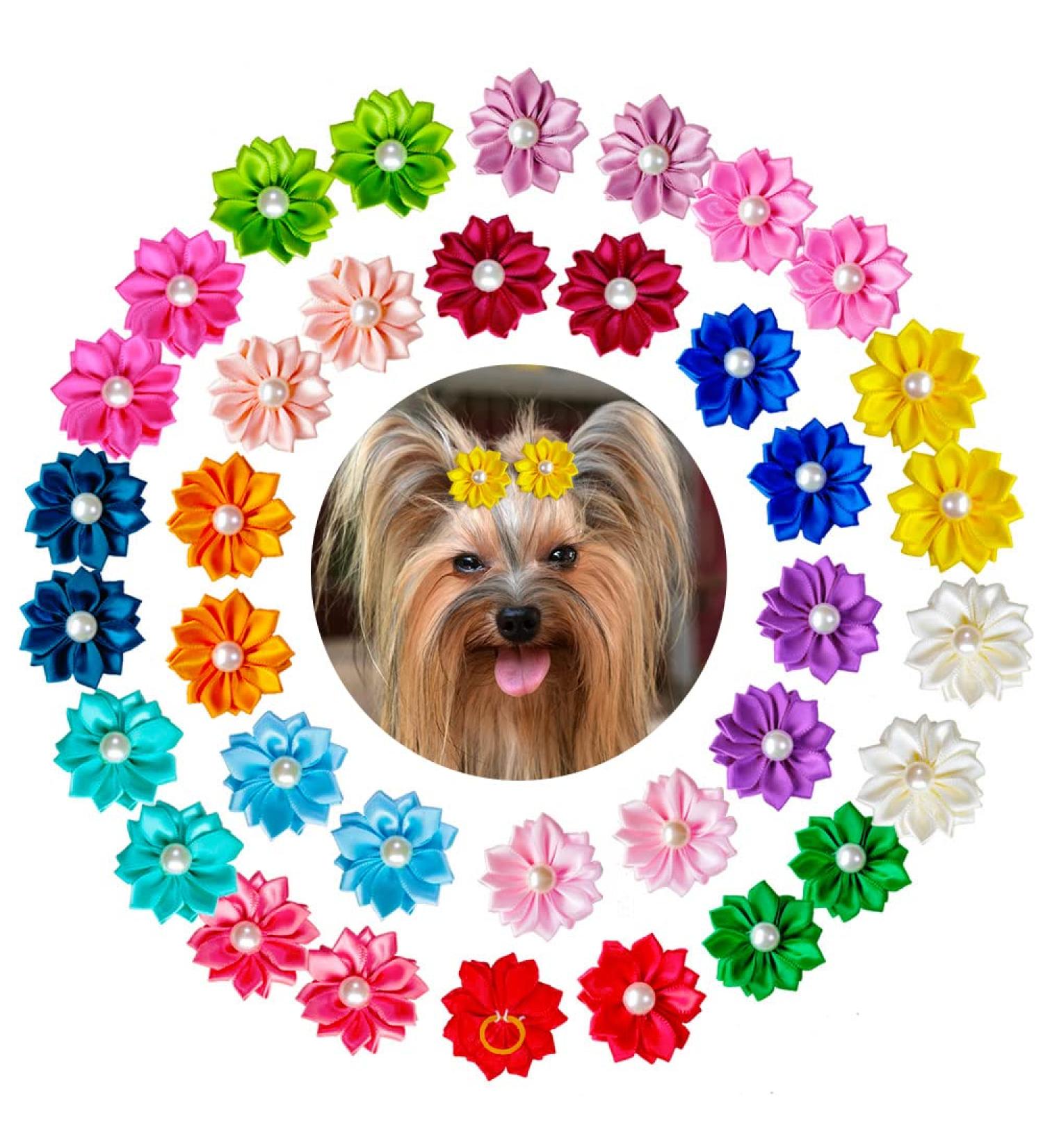 Mruq Pet 80pcs Handmade Dog Flower Bows with Rubber Bands - Small Grooming Pearl Bows for Puppy, Yorkie, Cat, Rabbit - Pet Hair Accessories - Buy Online on GoSupps.com