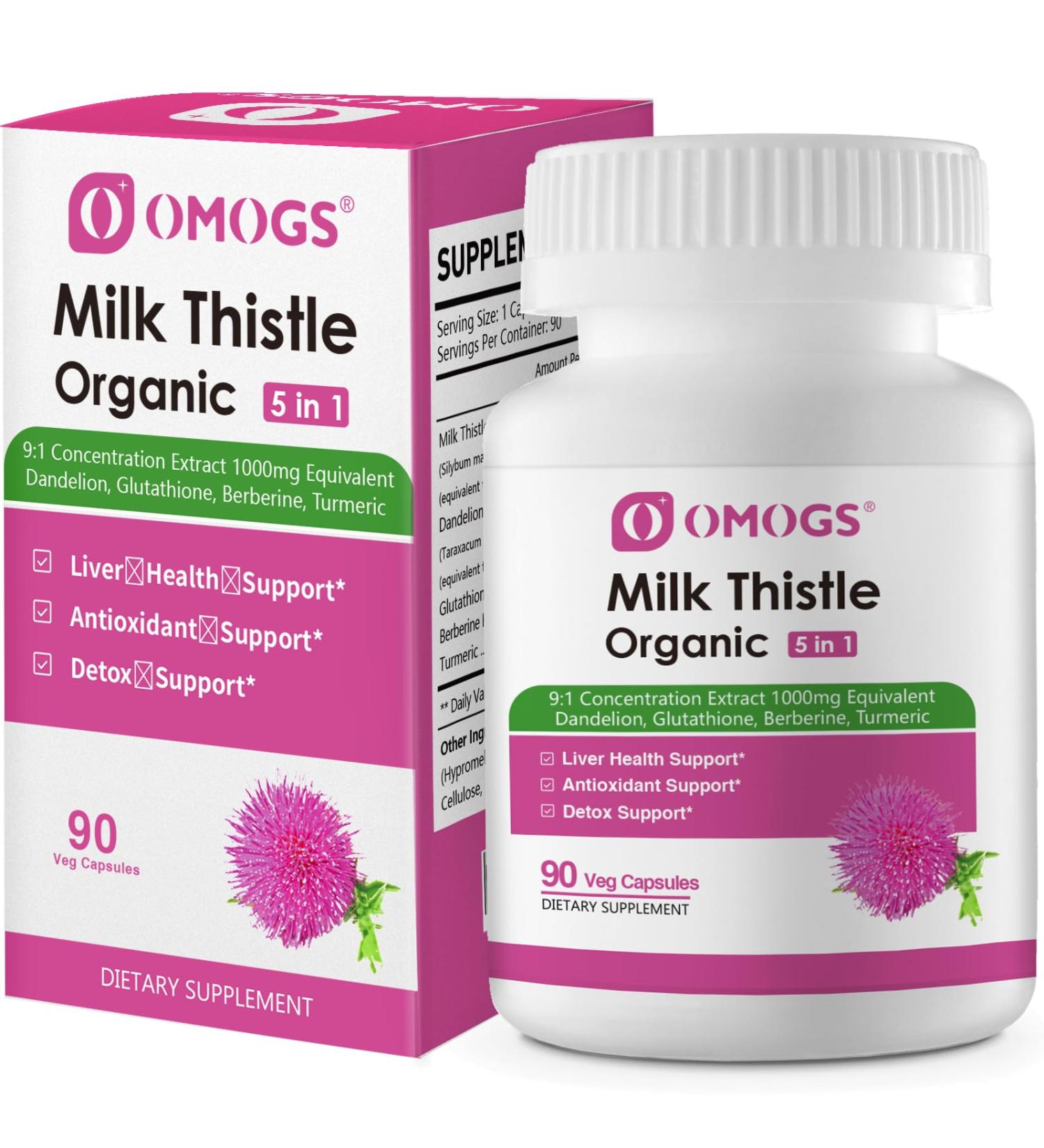 OMOGS Organic Milk Thistle Herbal Liver Support Milk Thistle Supplement with Dandelion Root Glutathione Berberine HCL &Turmeric Support Liver Cleanse Detox & Repair 90 Capsules - Buy Online on GoSupps.com