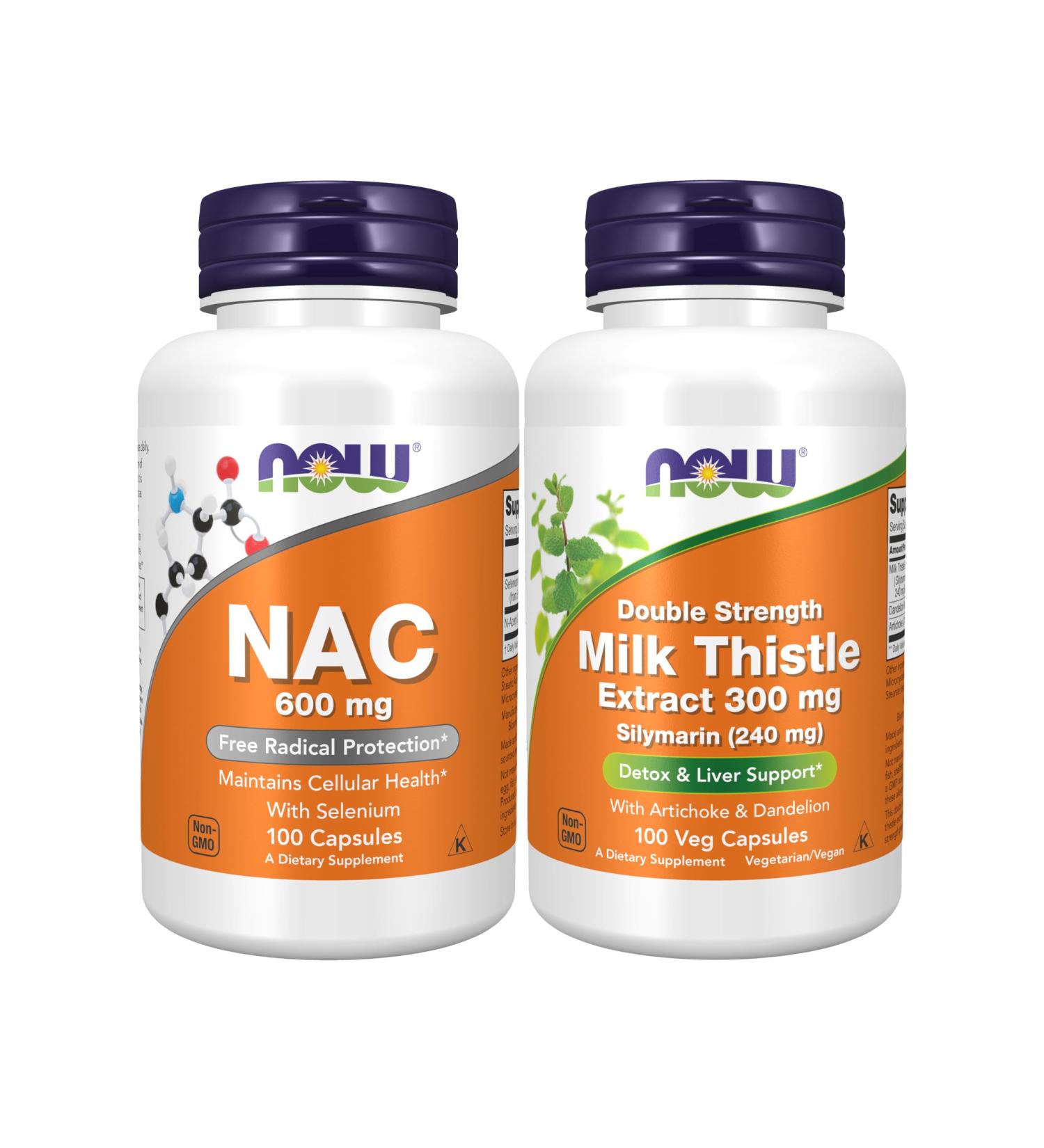 NOW Foods Supplements NAC (N-Acetyl Cysteine) 600 mg with Selenium 100 Capsules with Now Supplements Silymarin Milk Thistle Extract 300 mg with Artichoke and Dandelion 100 Veg Capsules NAC & Milk Thistle 200 Count (Pack  - Buy Online on GoSupps.com