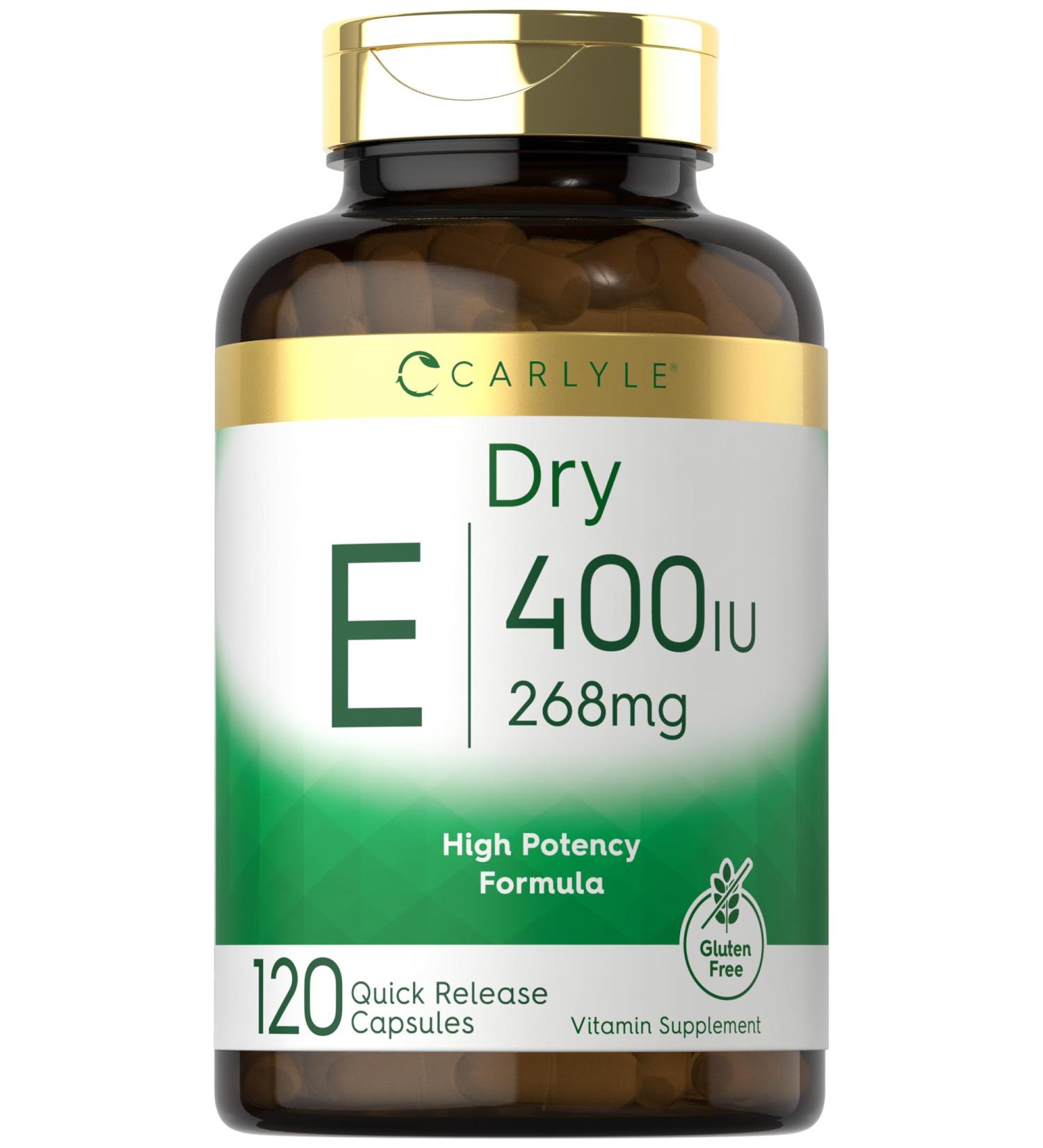 Carlyle Dry Vitamin E 400 IU | 120 Capsules | D-Alpha Tocopheryl | High Potency Formula | Non-GMO and Gluten Free - Buy Online on GoSupps.com