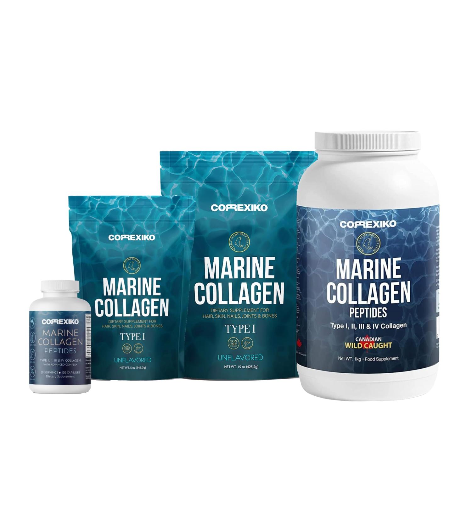 CORREXIKO Marine Collagen Supplement Pills & Powder Bundle - Includes 10 000mg Double Hydrolyzed Collagen Powder 1kg 15 oz & 5oz and 1800mg Collagen Peptides 120 Capsules - for Hair Skin & Nails - Buy Online on GoSupps.com