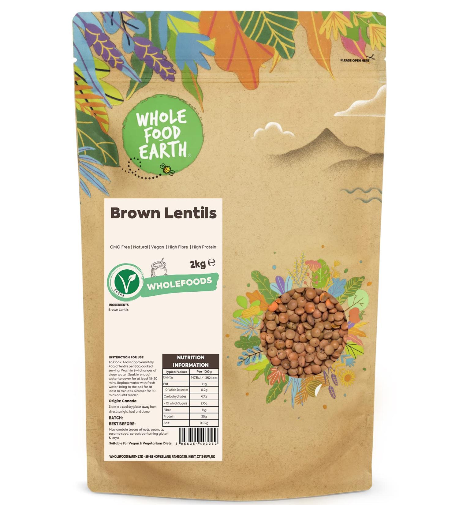 Wholefood Earth Brown Lentils 2 kg | GMO Free | Natural | High Fibre | High Protein 2kg - Buy Online on GoSupps.com