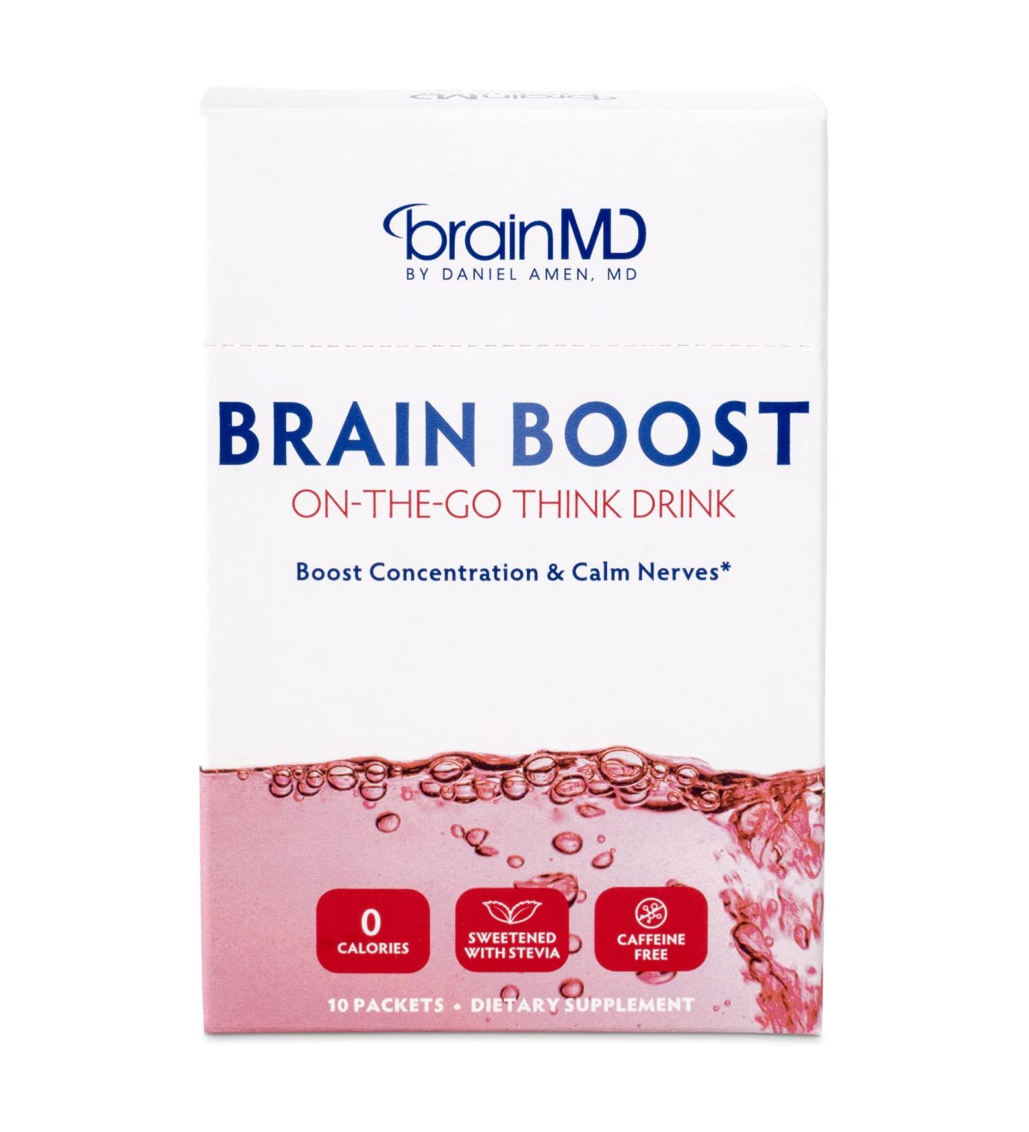 BRAINMD Dr Amen Brain Boost On The Go - 10 Packets Berry Flavor - Nootropic Drink Powder Promotes Focus Clarity & Mental Energy - Caffeine Free Gluten Free - 10 Servings - Buy Online on GoSupps.com