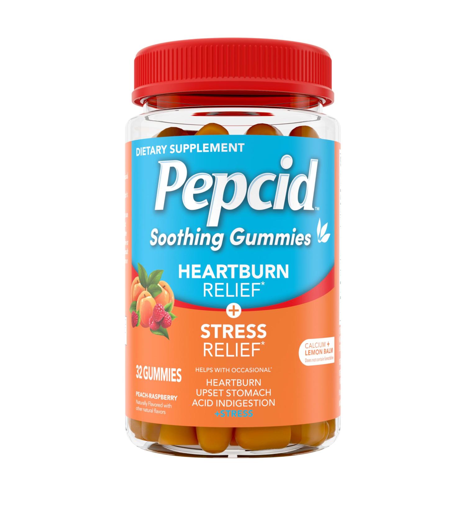 Pepcid Soothing Antacid Gummies Heartburn Relief + Stress Relief for Occasional Heartburn Upset Stomach and Acid Indigestion with Lemon Balm Extract Tricalcium Phosphate Peach-Raspberry 32 ct Peach Raspberry 1 Count  - Buy Online on GoSupps.com