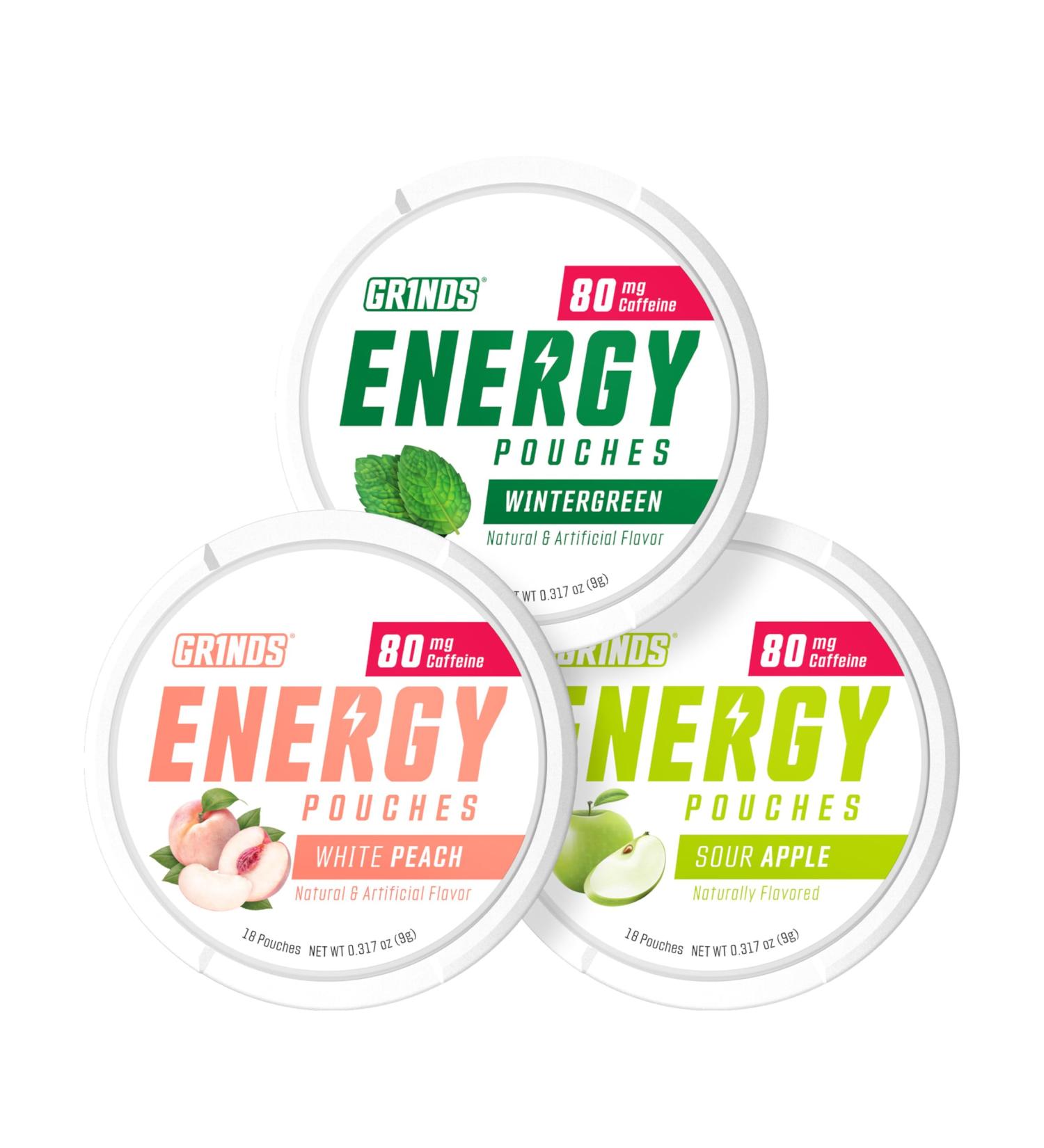 GRINDS Energy Pouches - Natural Caffeine Pouches - Contains B-Vitamins Sugar-Free & 0 Calories - 80mg of Caffeine in Each Pouch - Wintergreen Peach & Sour Apple - 3 Pack 15 Pouches Per Can 3 Pack Energy Sampler - Buy Online on GoSupps.com