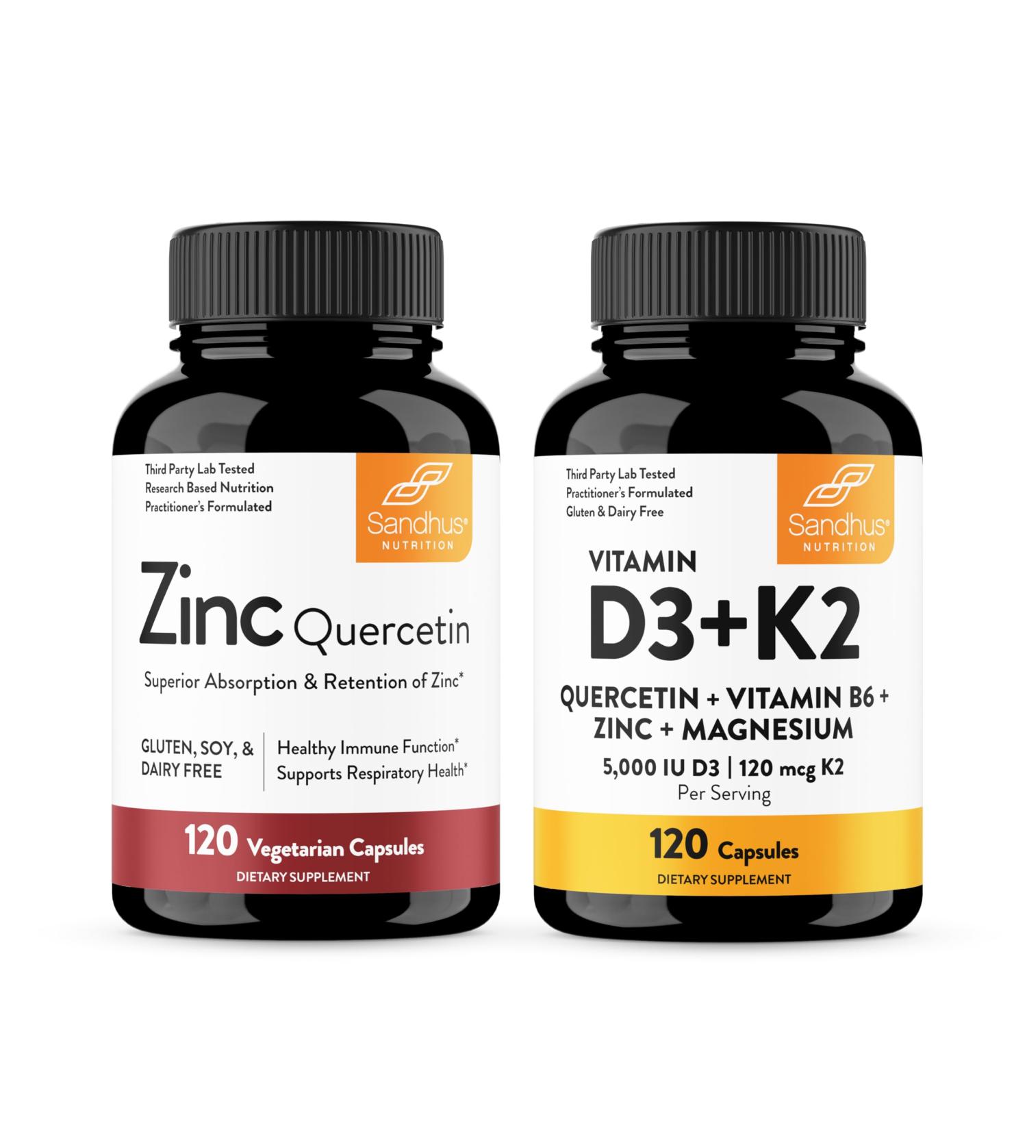 Sandhu's Zinc Quercetin & Vitamin D3 K2 Capsules (120 Count Each) | Supports Immune Energy Skin & Muscle Health - Buy Online on GoSupps.com