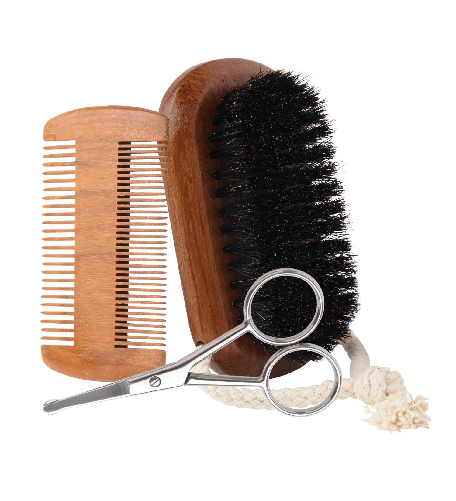 Nivaobi 3 Pcs Beard Brush and Comb Kit with Sandalwood Comb, Stainless Steel Scissors, and Boar Bristle Brush for Men's Grooming - Buy Online on GoSupps.com