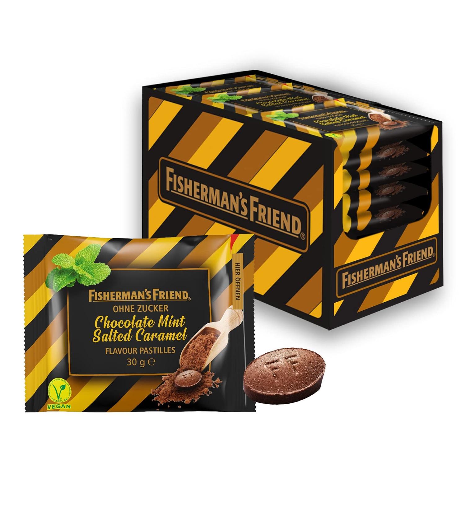 Fisherman's Friend Chocolate Mint Salted Caramel Pastilles - Sugar-Free Vegan Candies | 20x30g | International Shipping - Buy Online on GoSupps.com