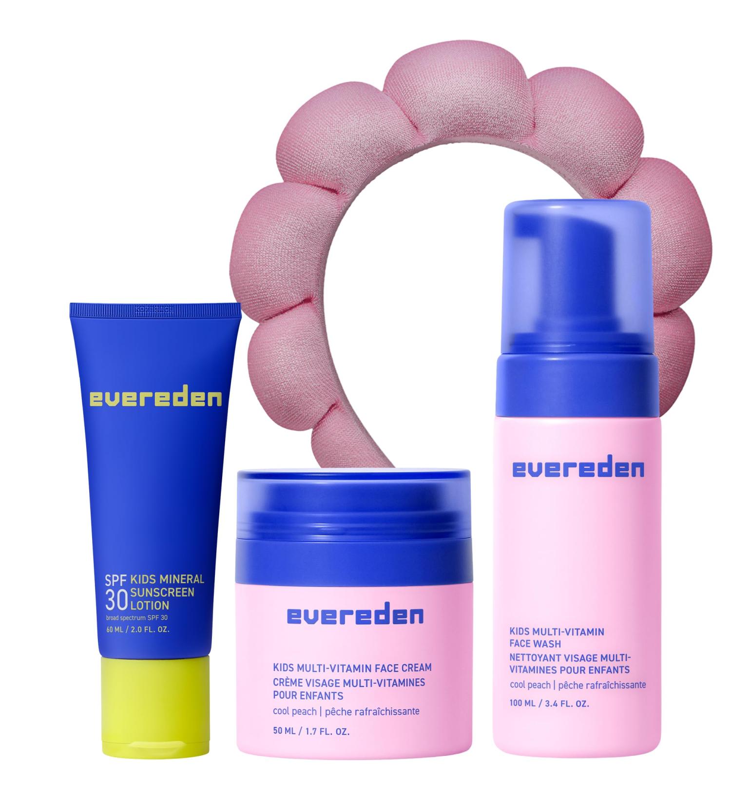 Evereden Kids Daily 1-2-3 Routine Bundle with Multi-Vitamin Kids Face Wash, Face Cream, SPF 30 & Spa Headband Non-Toxic, Dermatologist-Tested & Gentle Skincare for Kids Perfect for Daily Care Peach (with Spa Headband) - Buy Online on GoSupps.com