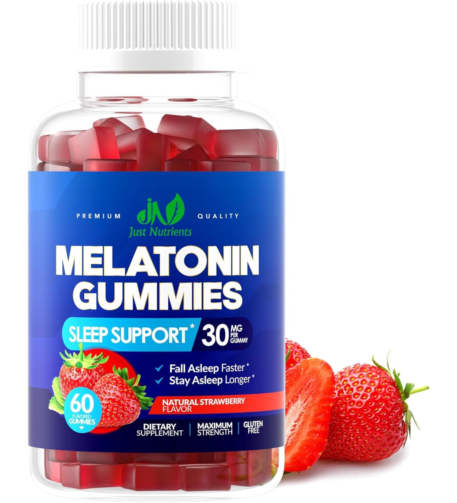 Just Nutrients Melatonin 30mg Gummies for Adults Maximum Strength Sleep Aid with 30mg of Melatonin Per Gummy 60 Gummies - Strawberry - Buy Online on GoSupps.com