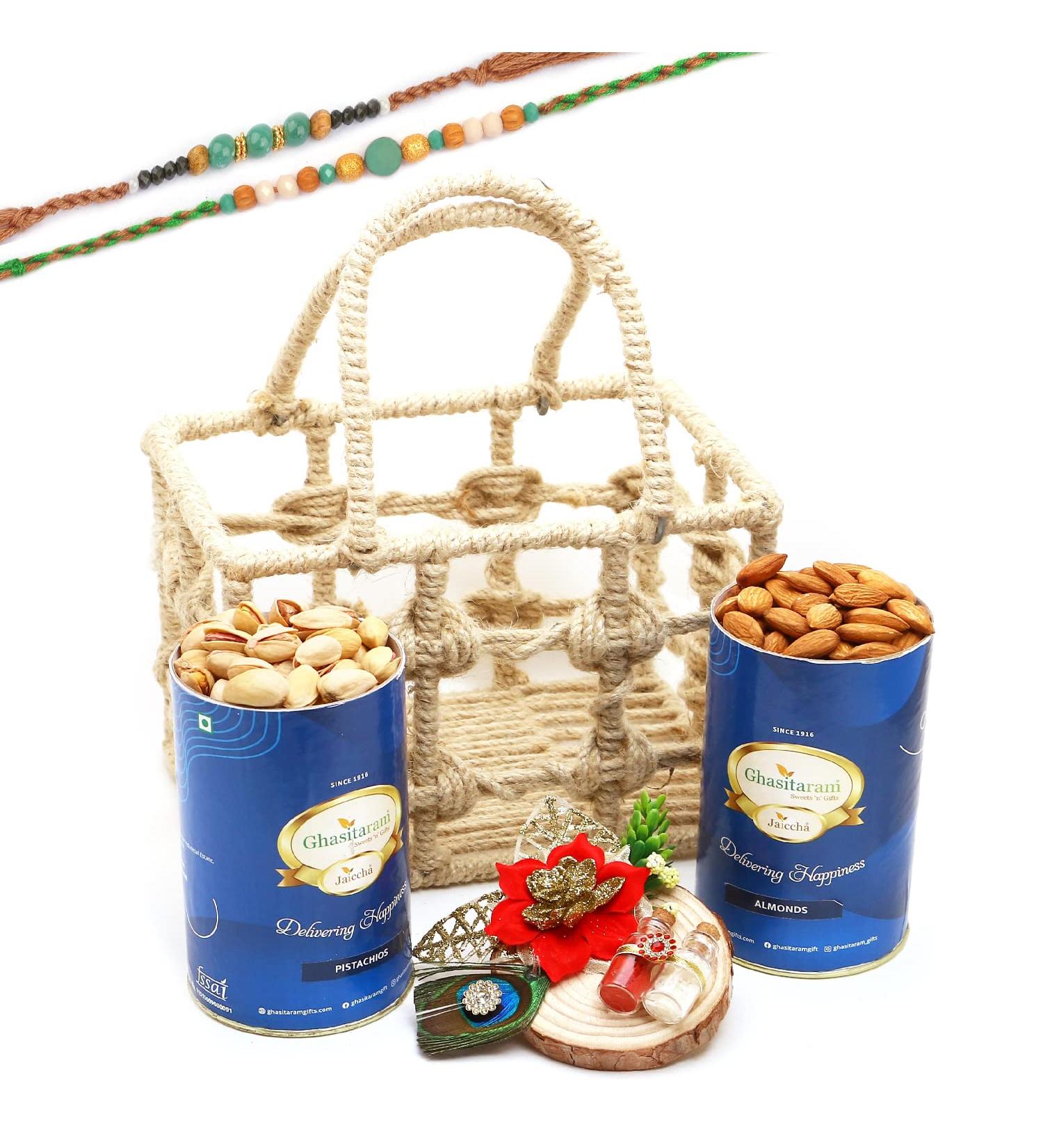 Ghasitaram Gifts Rakhi Gifts for Brothers Jute Check Basket of Almonds Pistachios and Roli Chawal Thali with 2 Green Beads Rakhis - Buy Online on GoSupps.com