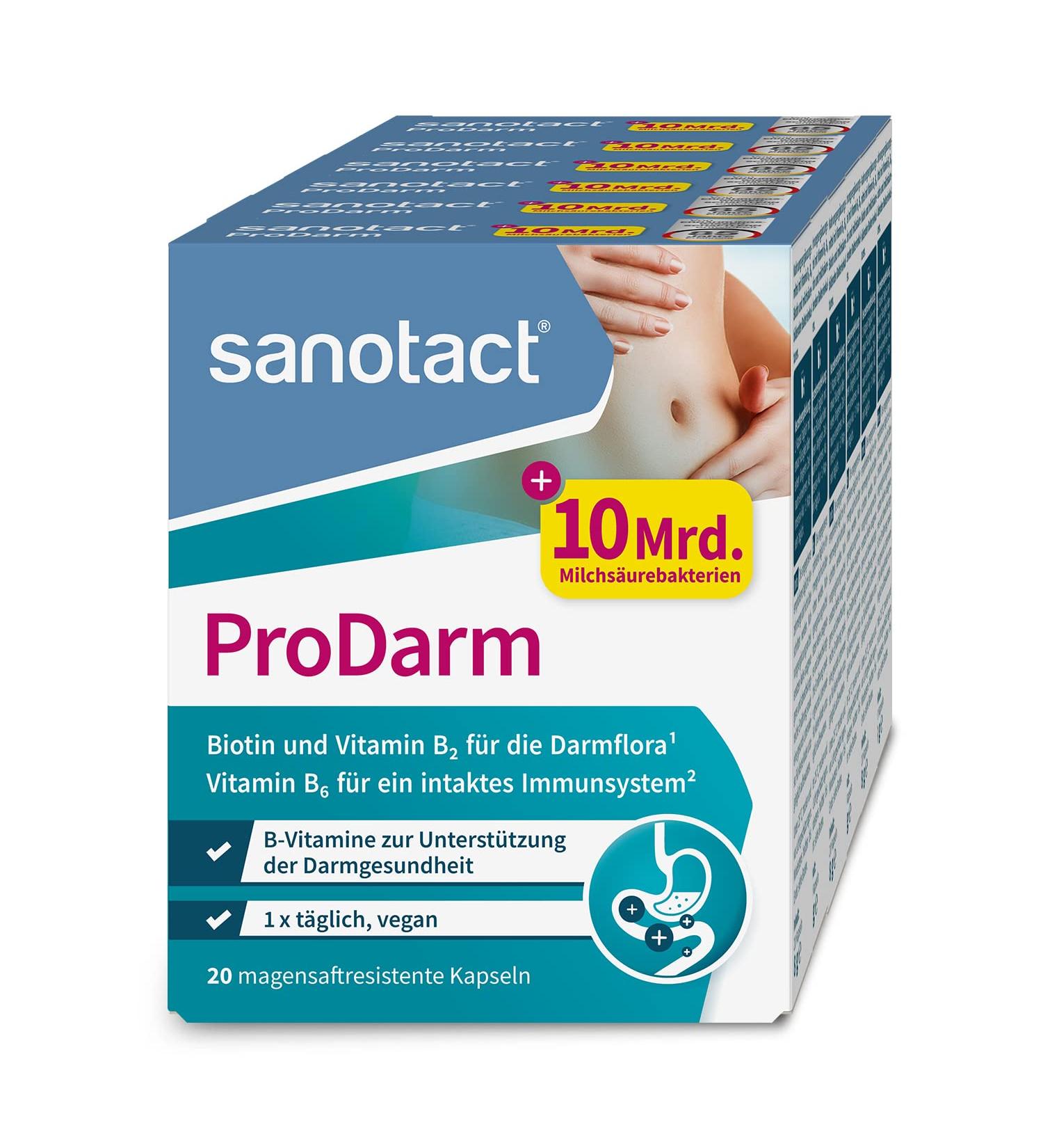 Sanotact Prodarm - 120 Capsules for Intestinal Renovation | 10 Billion Lactic Acid Cultures + 3 Bacterial Strains | Intestinal Cleaning Cure with Vitamins B6 B2 & Biotin | 6-Pack - Buy Online on GoSupps.com