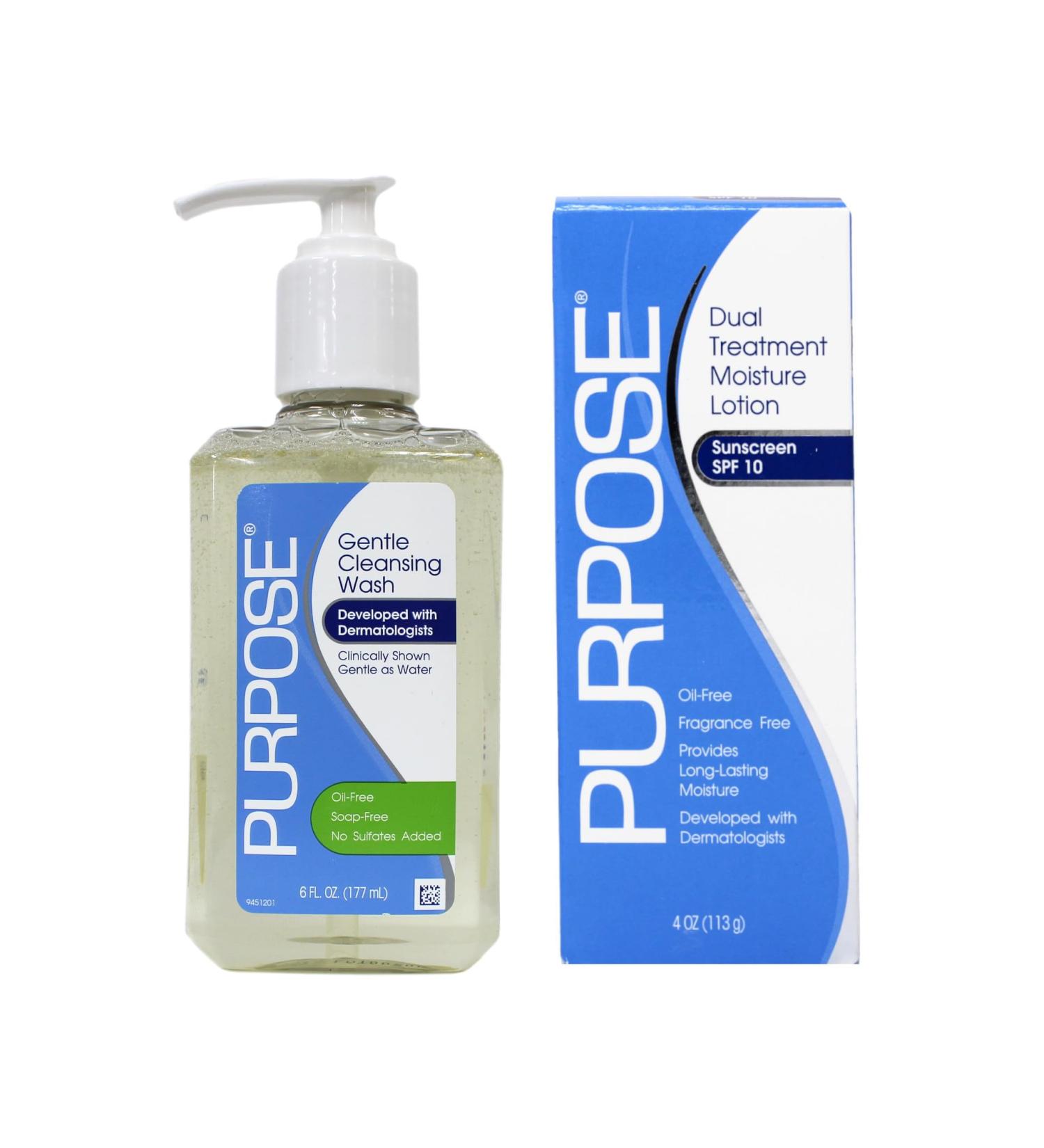 Bausch + Lomb Purpose Skincare Kit: Gentle Cleansing Wash 6 fl oz & Dual Treatment Moisture Lotion with SPF 10 4 oz - Dermatologist Developed Oil-Free 1 Each - Buy Online on GoSupps.com