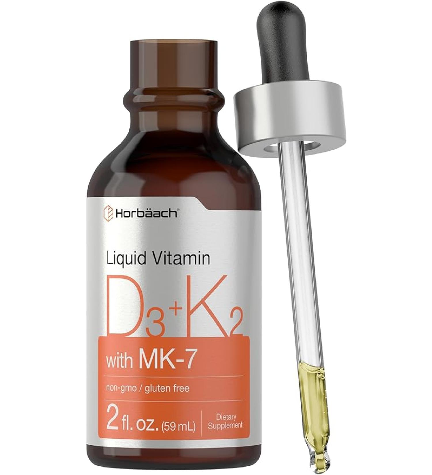 Vitamin D3 + K2 Liquid Drops with MK7 - 2 Fl Oz | Vegetarian & Non-GMO | Gluten Free | Horbaach - Buy Online on GoSupps.com