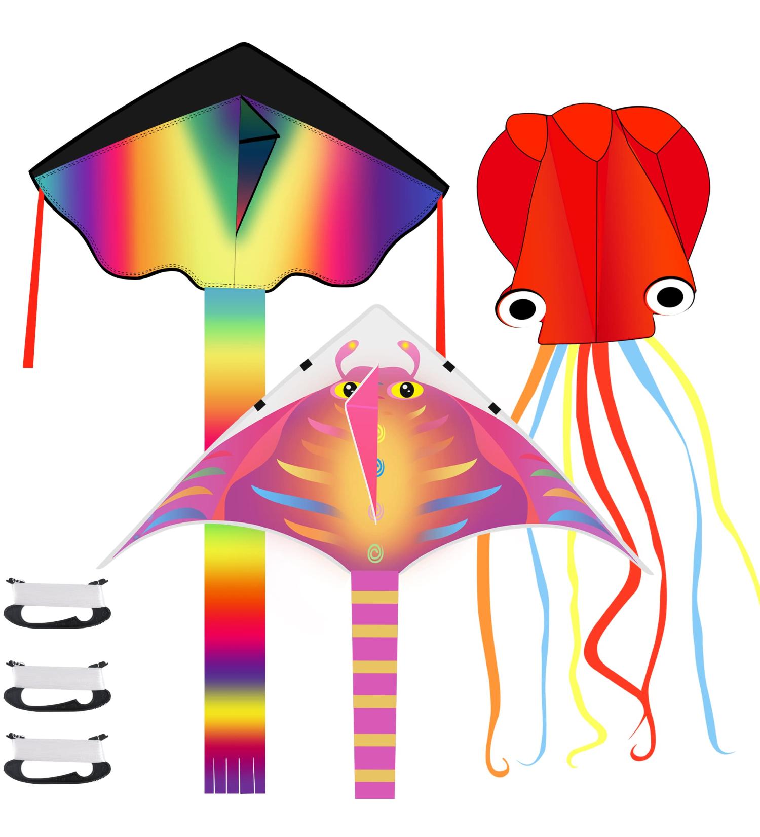 3 Pack Large Kites for Kids & Adults - Easy to Fly and Assemble - Includes Delta, Devil Fish, and Octopus Kites with 330 Ft String - Rainbow, Orange, and Red Design - Buy Online on GoSupps.com