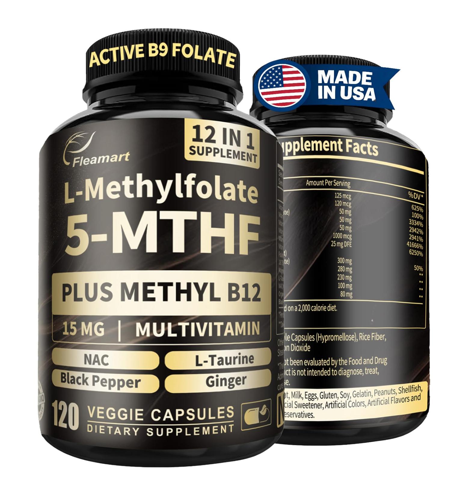 L Methylfolate 15mg Plus Methyl B12 - Methylated Vitamin B9 (5-MTHF) Supplement for Brain Health Mood & Energy- High Absorption 12-IN-1 Methyl Folate - Third-Party Tested (120 Vegan Capsules) Unflavored 120 Count (Pack of 1) - Buy Online on GoSupps.com