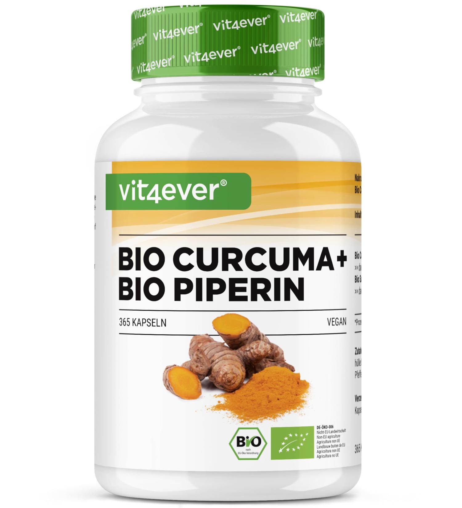 vit4ever Curcuma bio au poivre noir - 365 g lules - 4511 mg de curcuma bio (curcuma) par dose journali re - avec curcumine & pip rine - qualit 100% bio - fortement dos - v g talien - Buy Online on GoSupps.com
