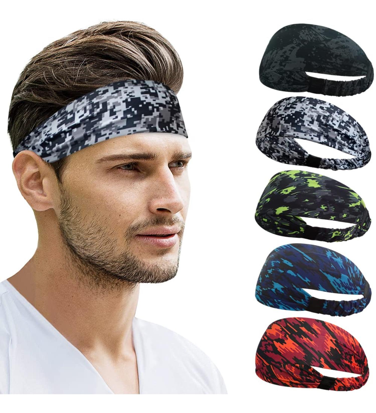 Beister Sports Headbands (5 Pack) for Men Women | Moisture Wicking Sweat Band | Elastic Wide Hair Bands for Workout | Athletic Headband for Running Cycling Basketball Gym | Doodle Grey, Black, White, Sketch Green, Blue - Buy Online on GoSupps.com