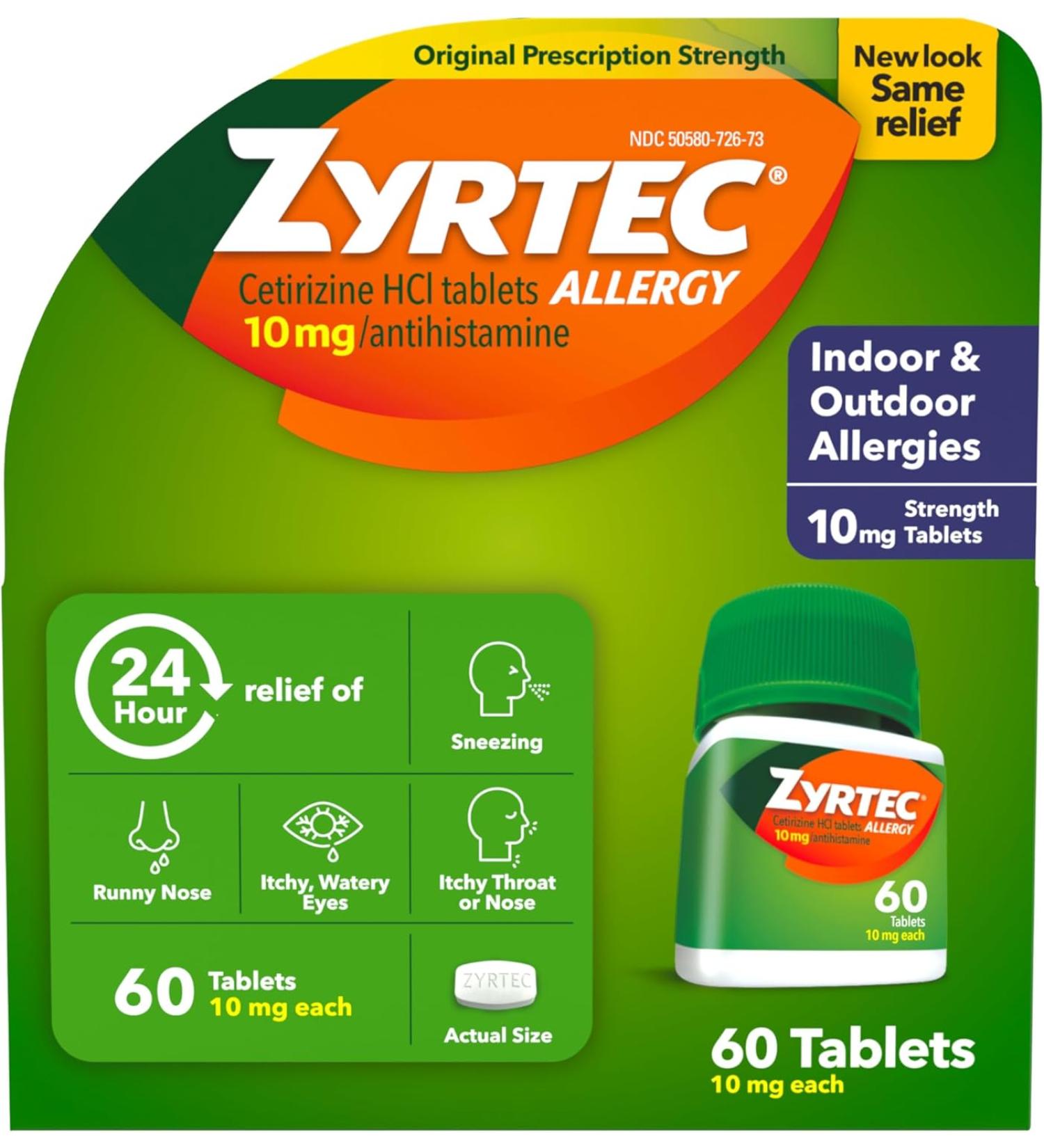 Zyrtec 24 Hour Allergy Relief Tablets 10mg - 60 Count Anti histamine Medicine - Buy Online on GoSupps.com