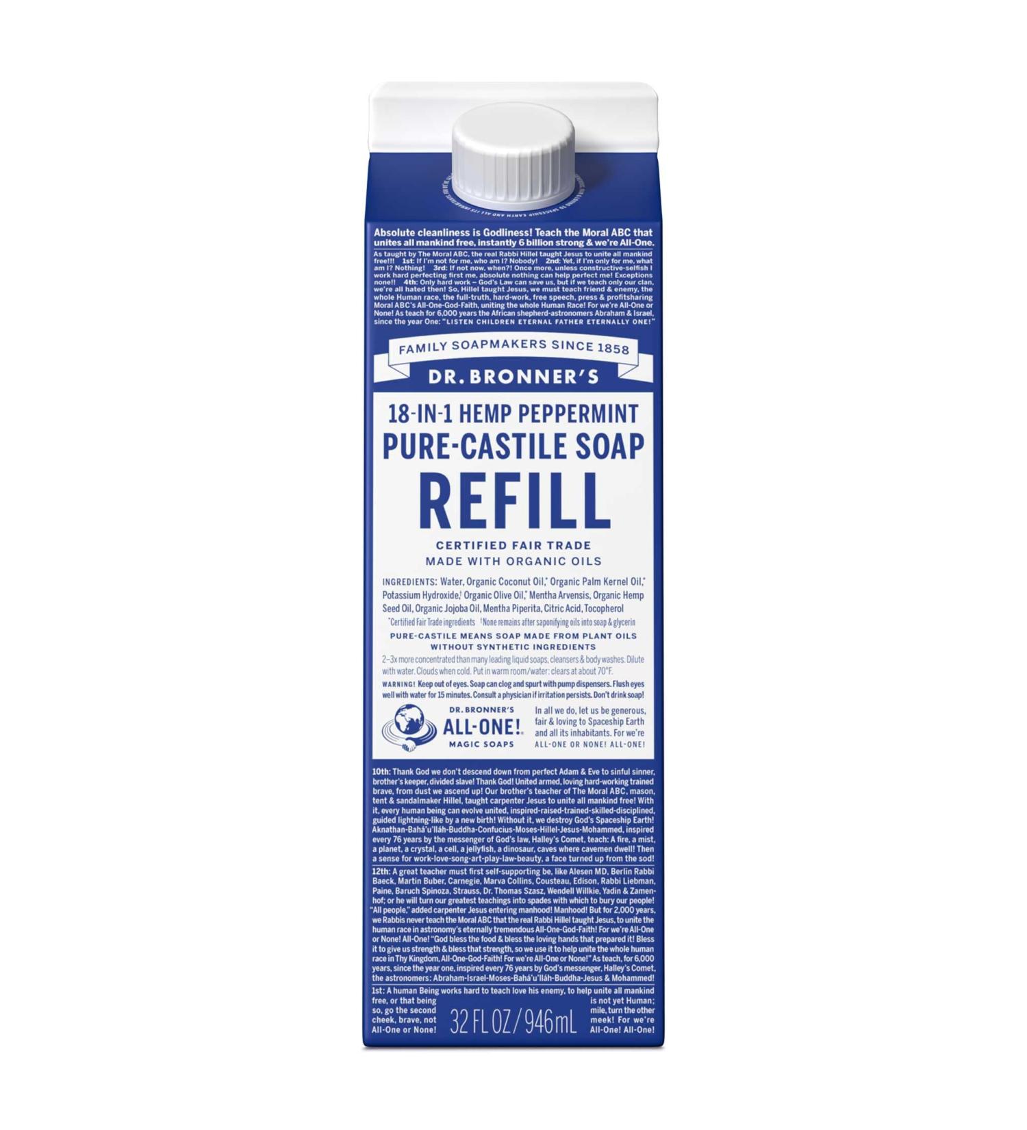 Dr. Bronner's Pure-Castile Liquid Soap Refill - 32oz Peppermint | Eco-Friendly 18-in-1 Uses Organic Oils 82% Less Plastic - Buy Online on GoSupps.com