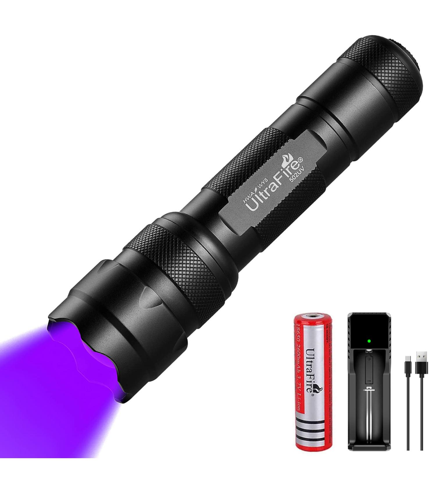 ULTRAFIRE UV LED Torch 395-405nm Blacklight Zoomable Ultraviolet Flashlight with 2600mAh Rechargeable Battery and Charger Mini UV Light for Curing UV Glue Pet Urine Stains - Buy Online on GoSupps.com