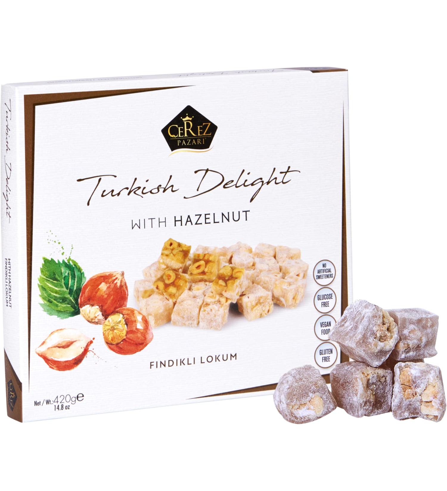 Cerez Pazari Turkish Delight Hazelnut Candy Gourmet Premium Vegan Sweets 14.8oz Gift Box | Glucose-Free Lokum Dessert | Traditional Soft Candy | Approx. 42 Pcs - Buy Online on GoSupps.com